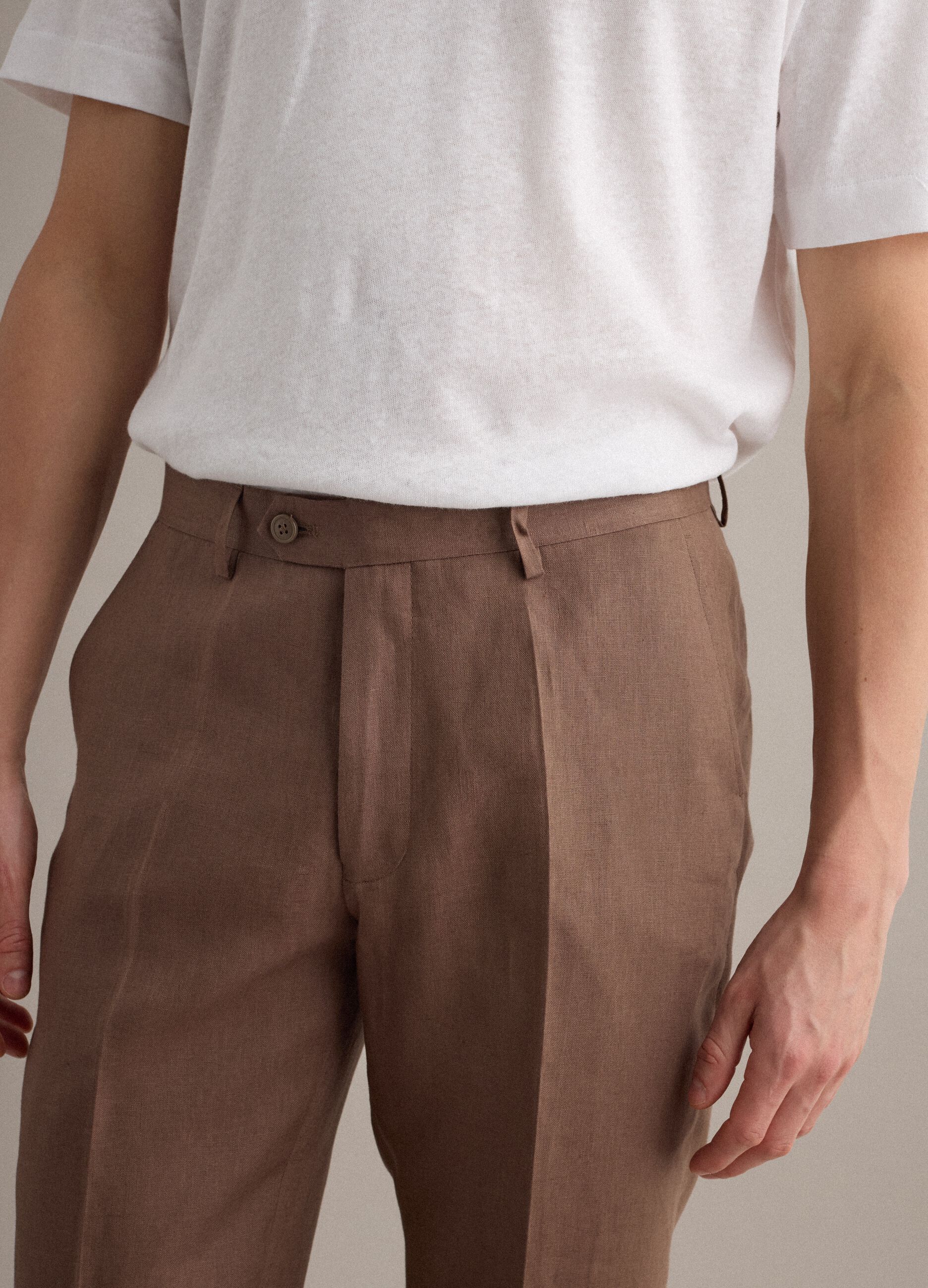 Brown pure linen slim-fit trousers