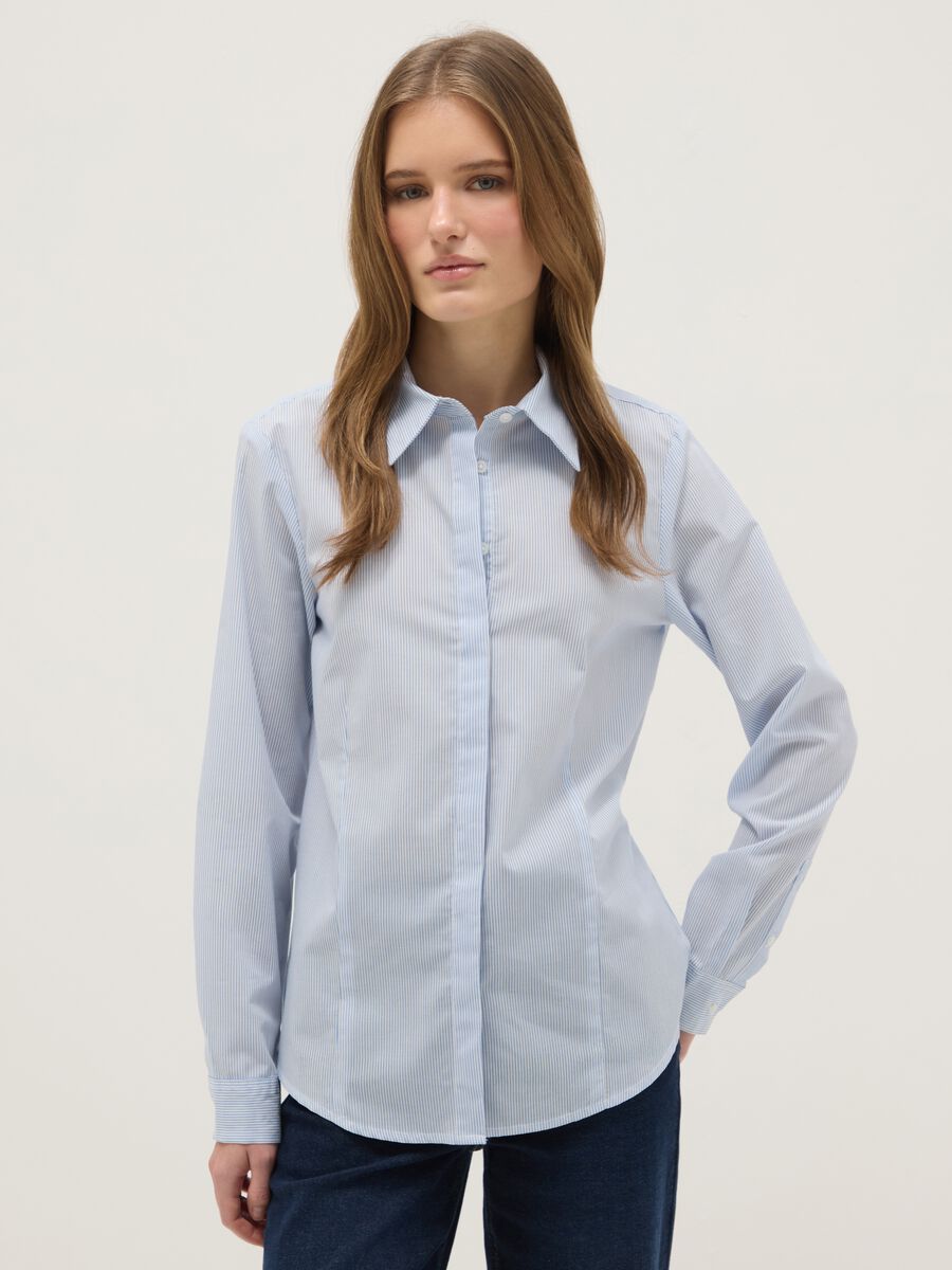 Multicolour striped cotton blend slim-fit shirt with classic collar_0