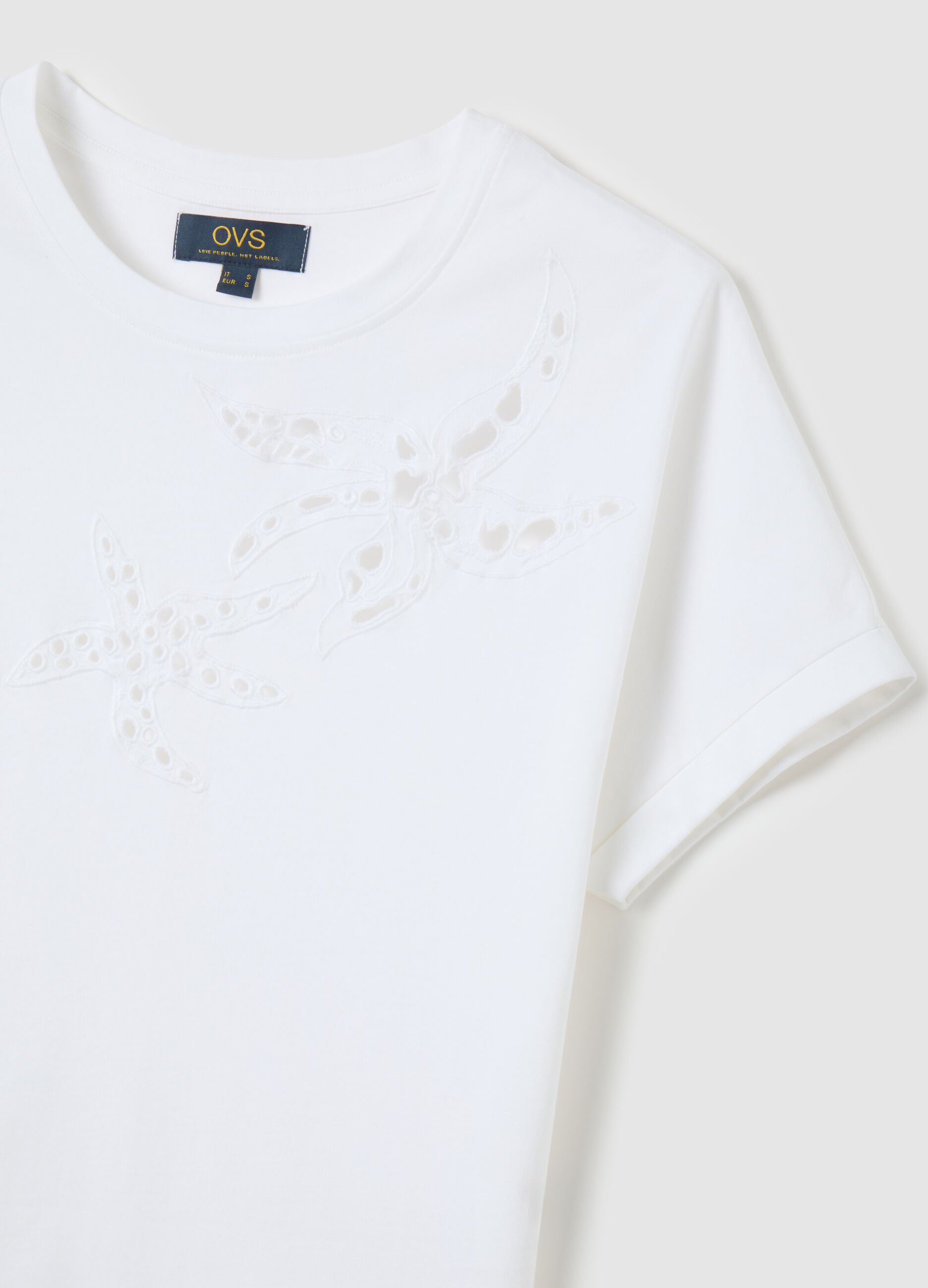 Women's White Cotton T-shirt Regular Fit with Embroidery
