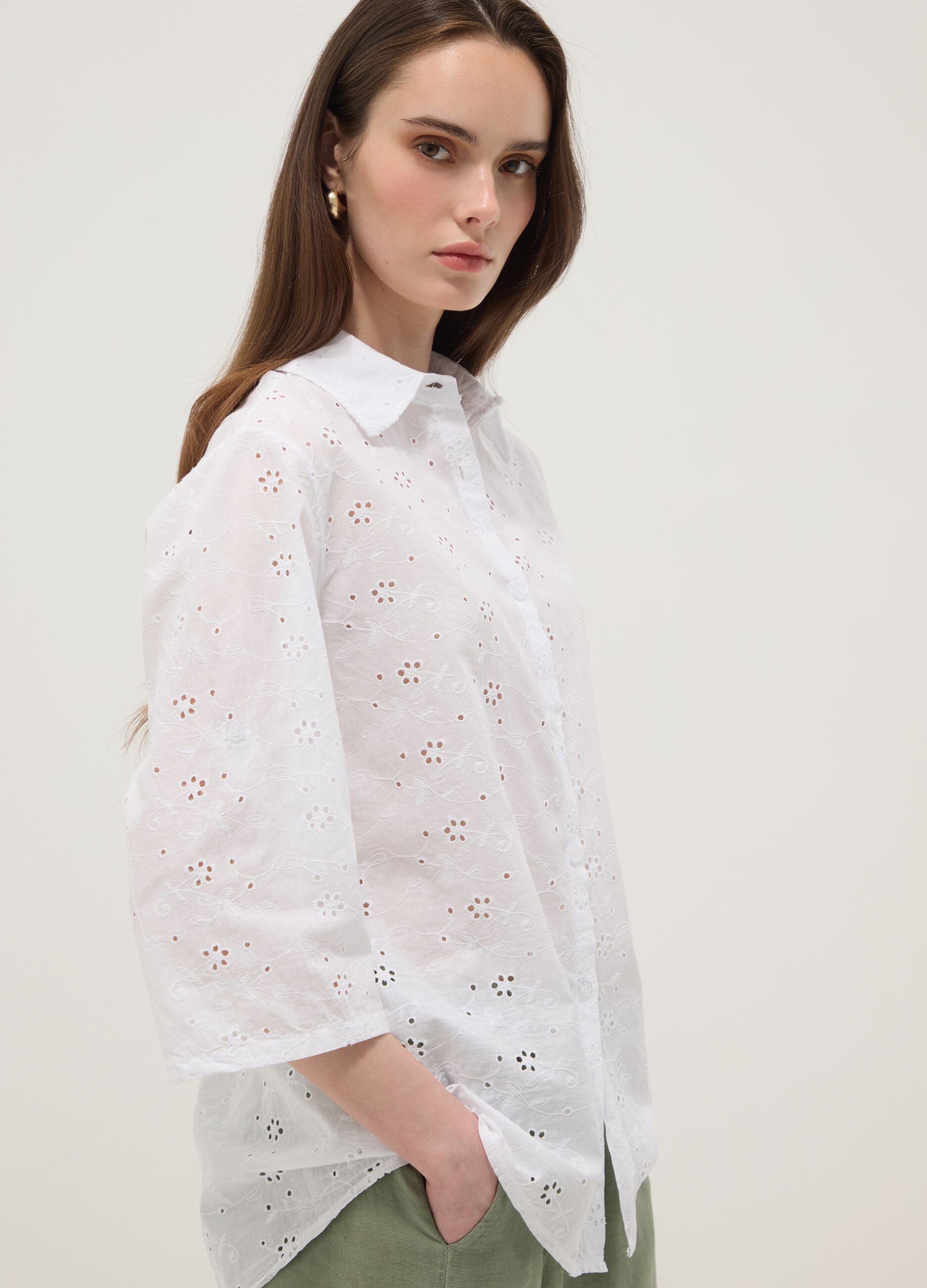White broderie anglaise pure cotton shirt, regular fit