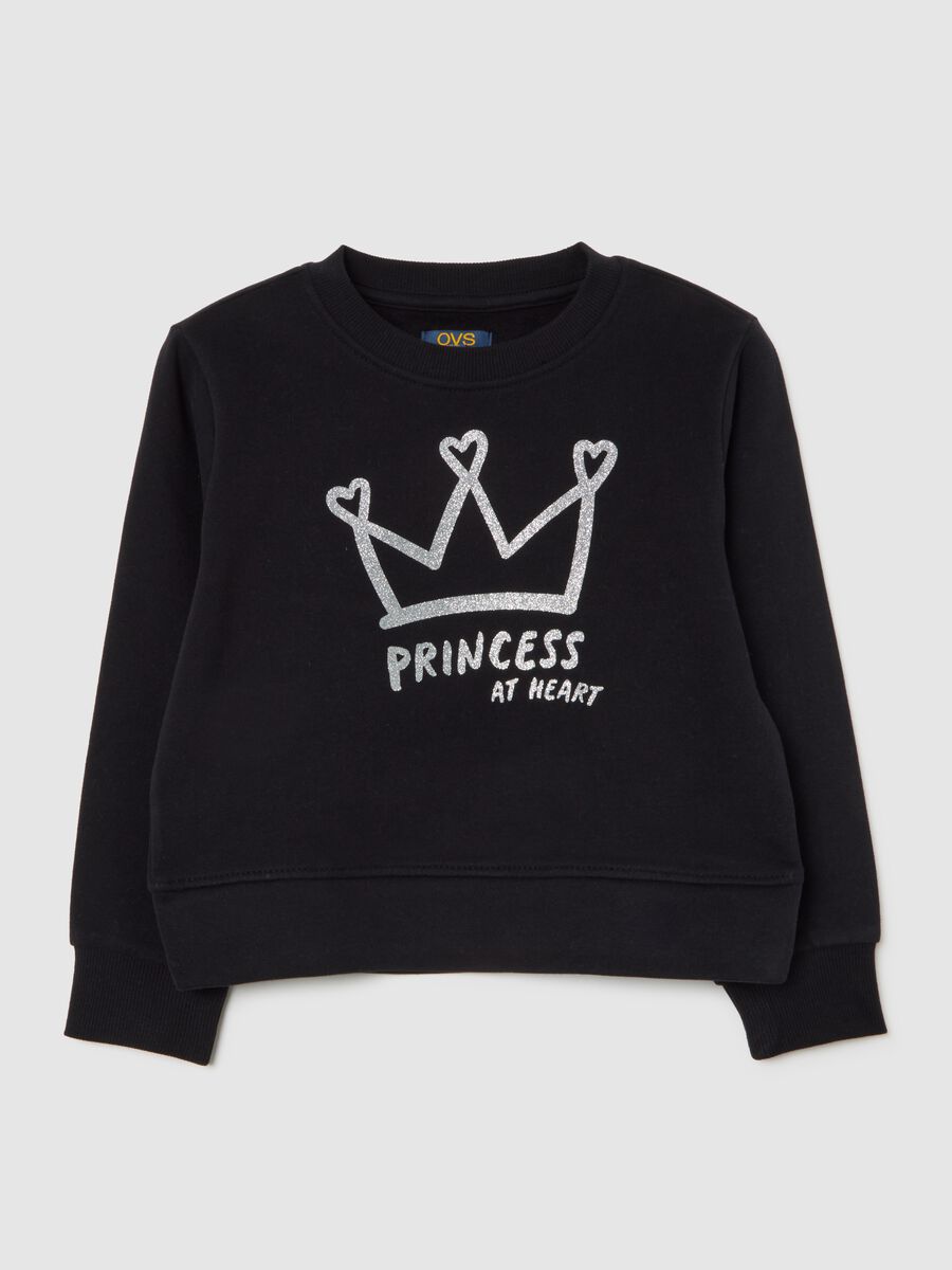 Girls' black sweatshirt in pure cotton with crown print regular fit_0
