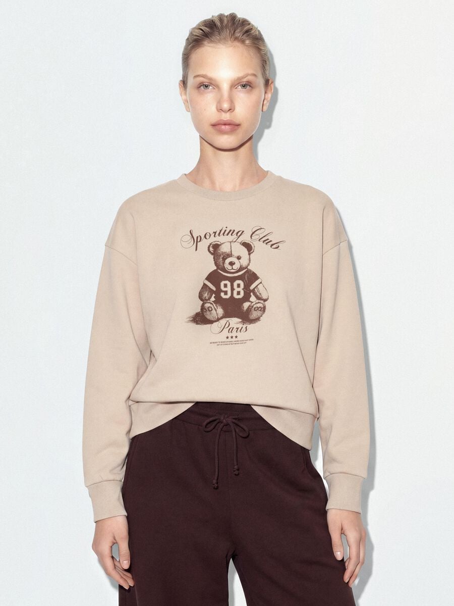 Felpa beige in misto cotone con girocollo e stampa teddy_0