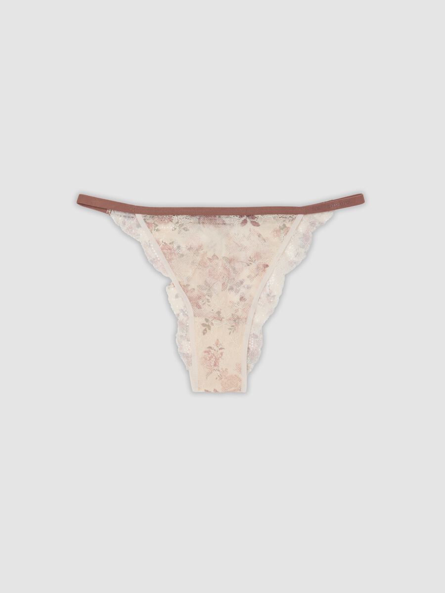 Beige organic cotton briefs with floral print and lace_0