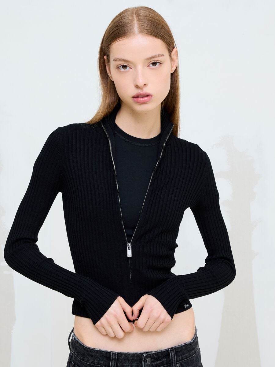 Full-Zip Ribbed Knit Black_1