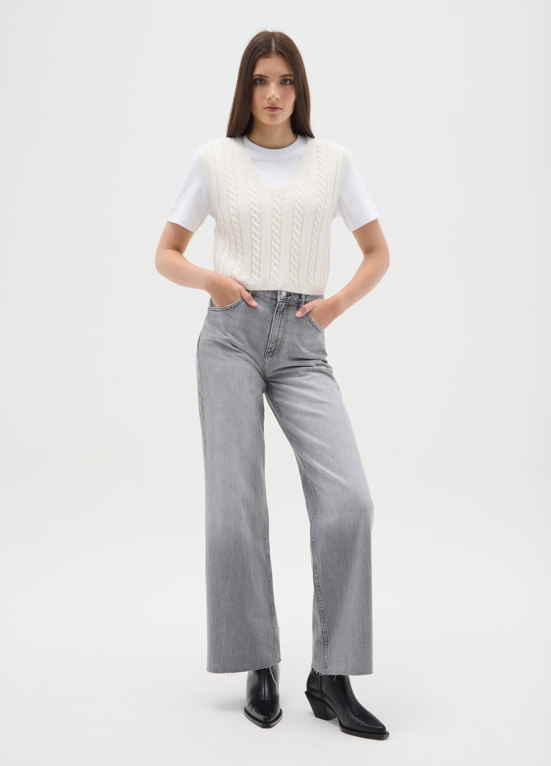 Grey Pure Cotton Wide Leg Jeans