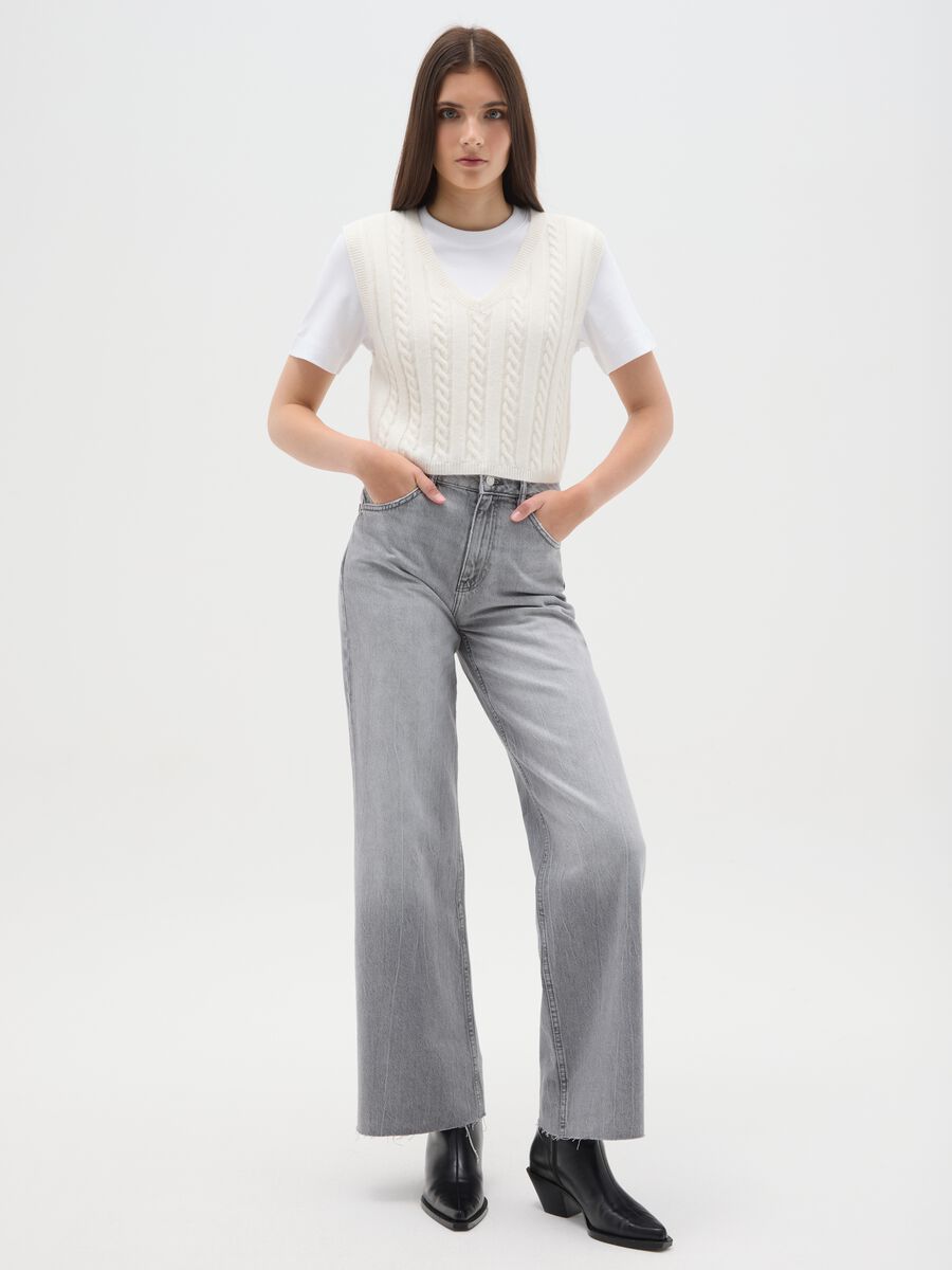 Grey Pure Cotton Wide Leg Jeans_0