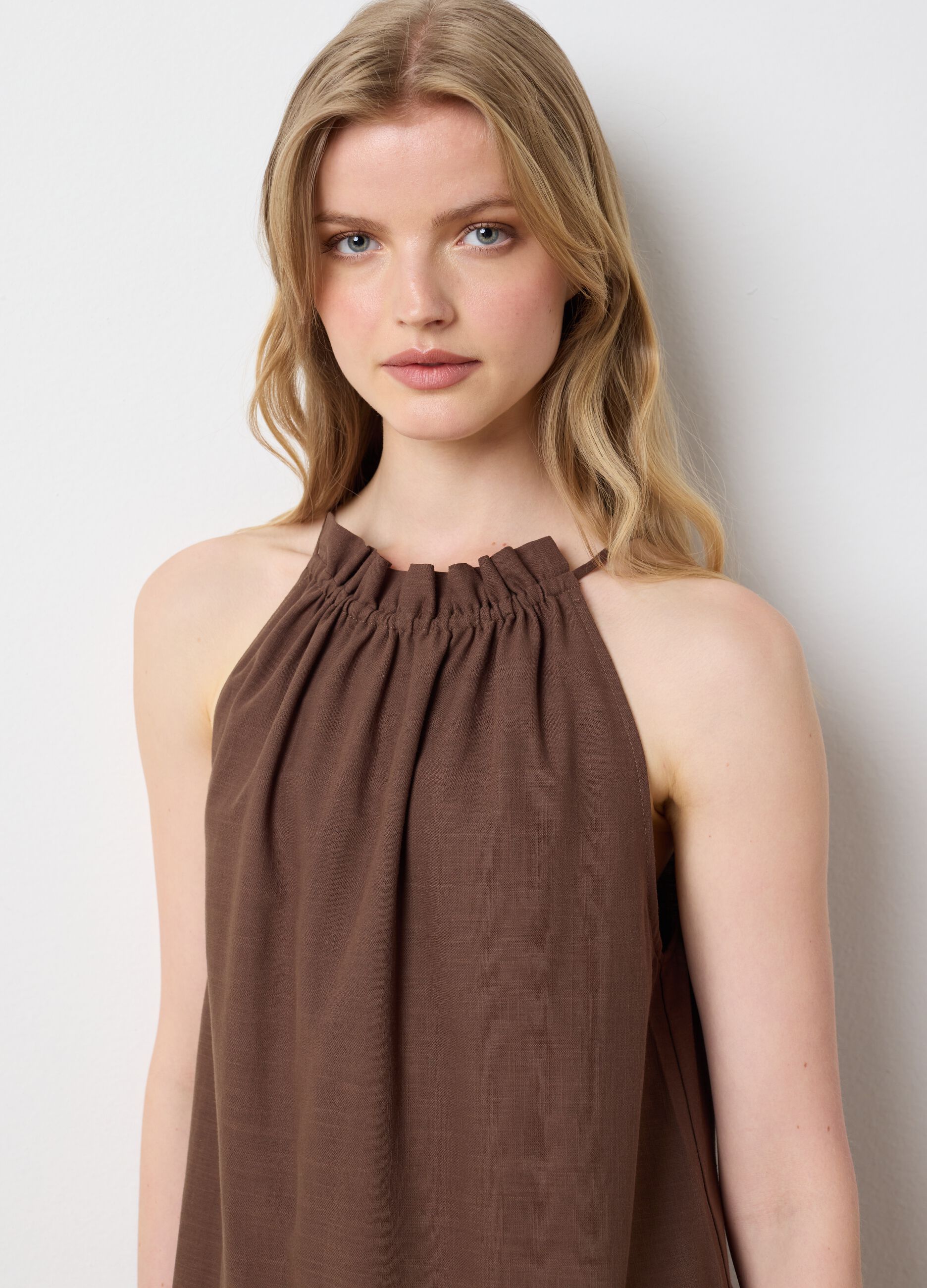 Women's long brown pure cotton oversized dress with ruffles