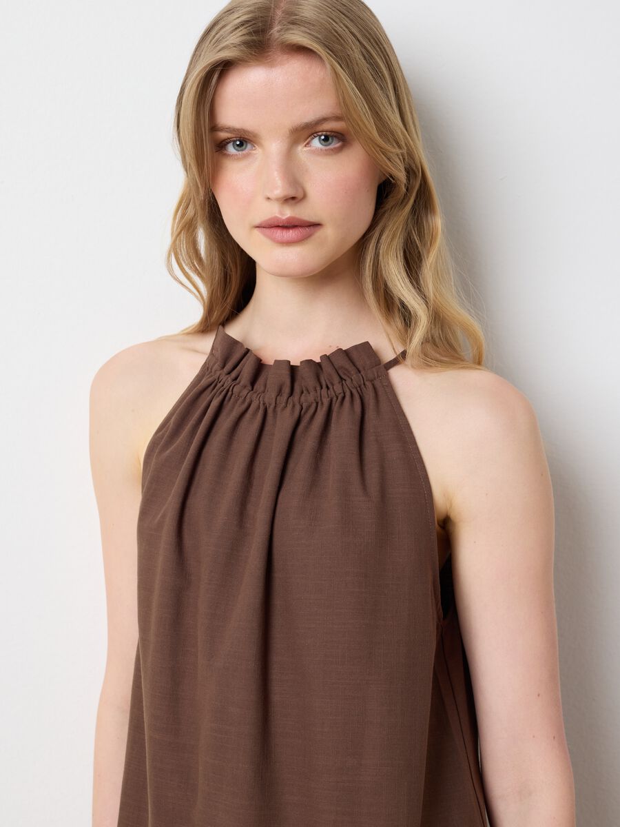 Women's long brown pure cotton oversized dress with ruffles_2