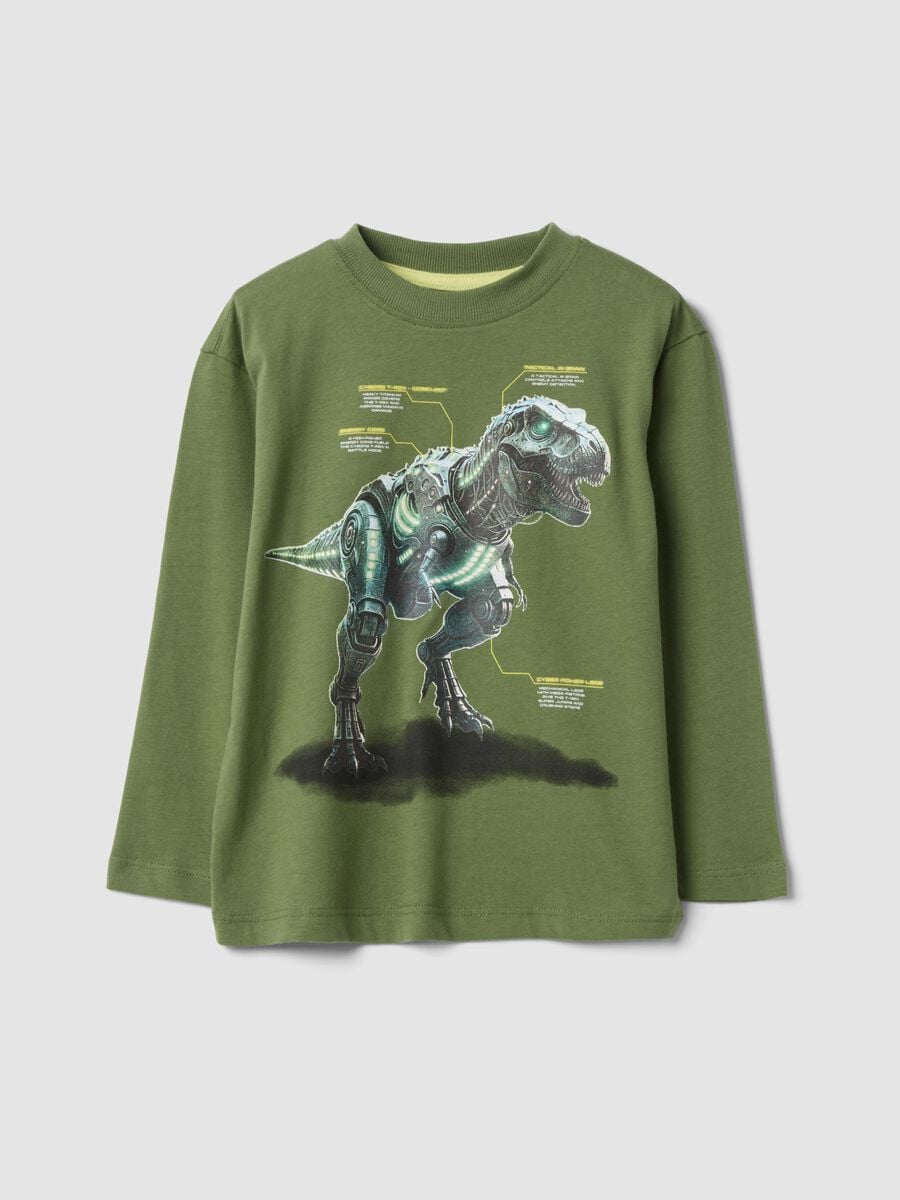Green oversized T-shirt in pure organic cotton with dinosaur print_0