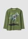 T-shirt over verde in puro cotone organico con stampa dinosauro_0