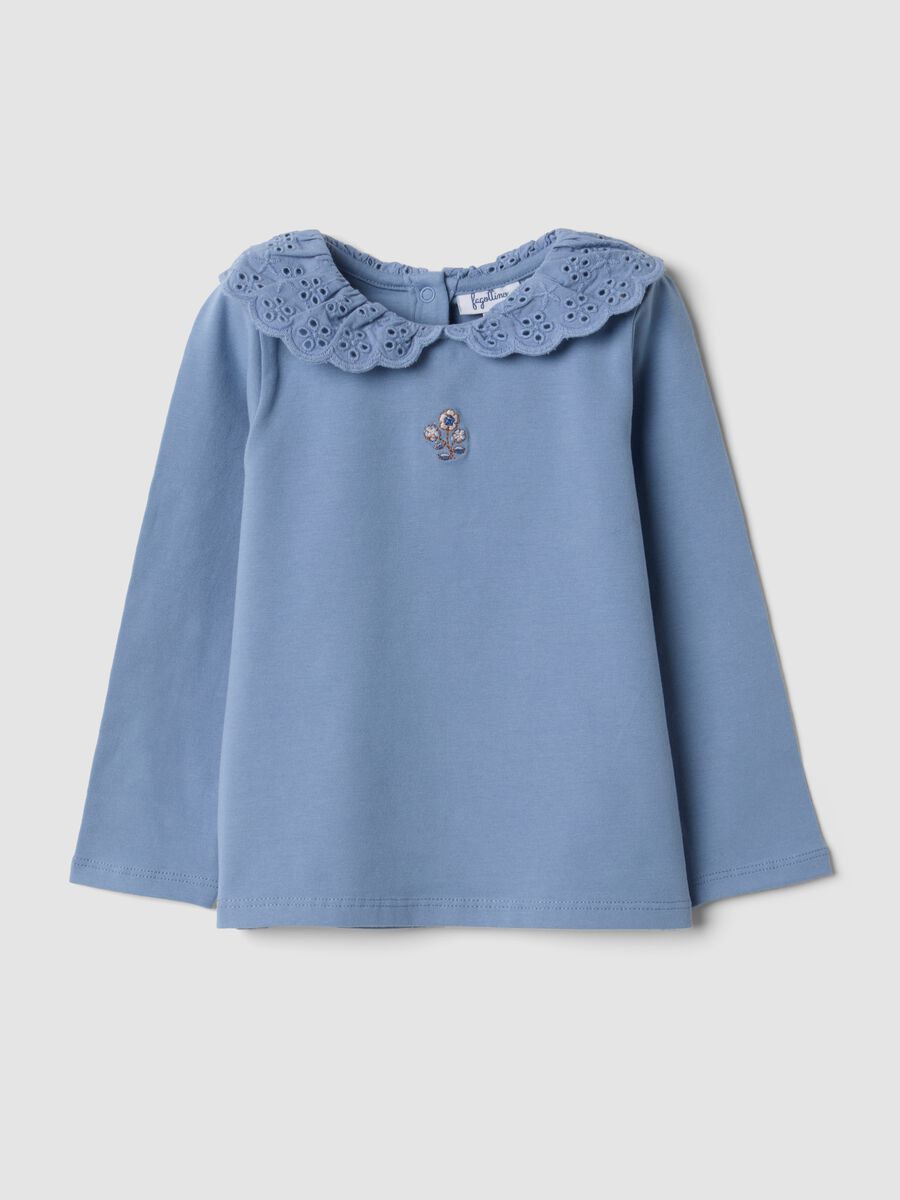Blue stretch organic cotton top with broderie anglaise collar_0