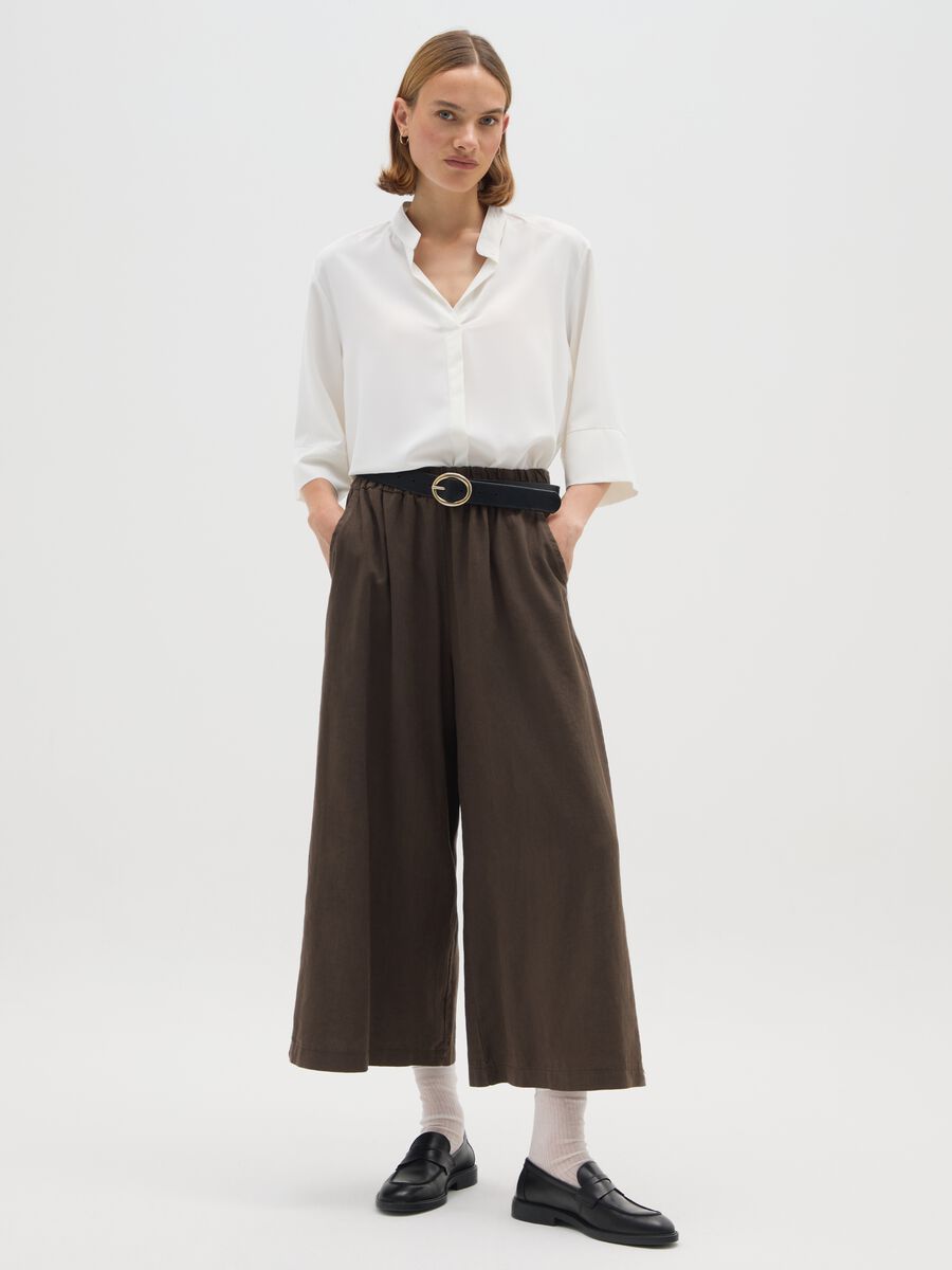 Brown wide-leg linen blend trousers_0