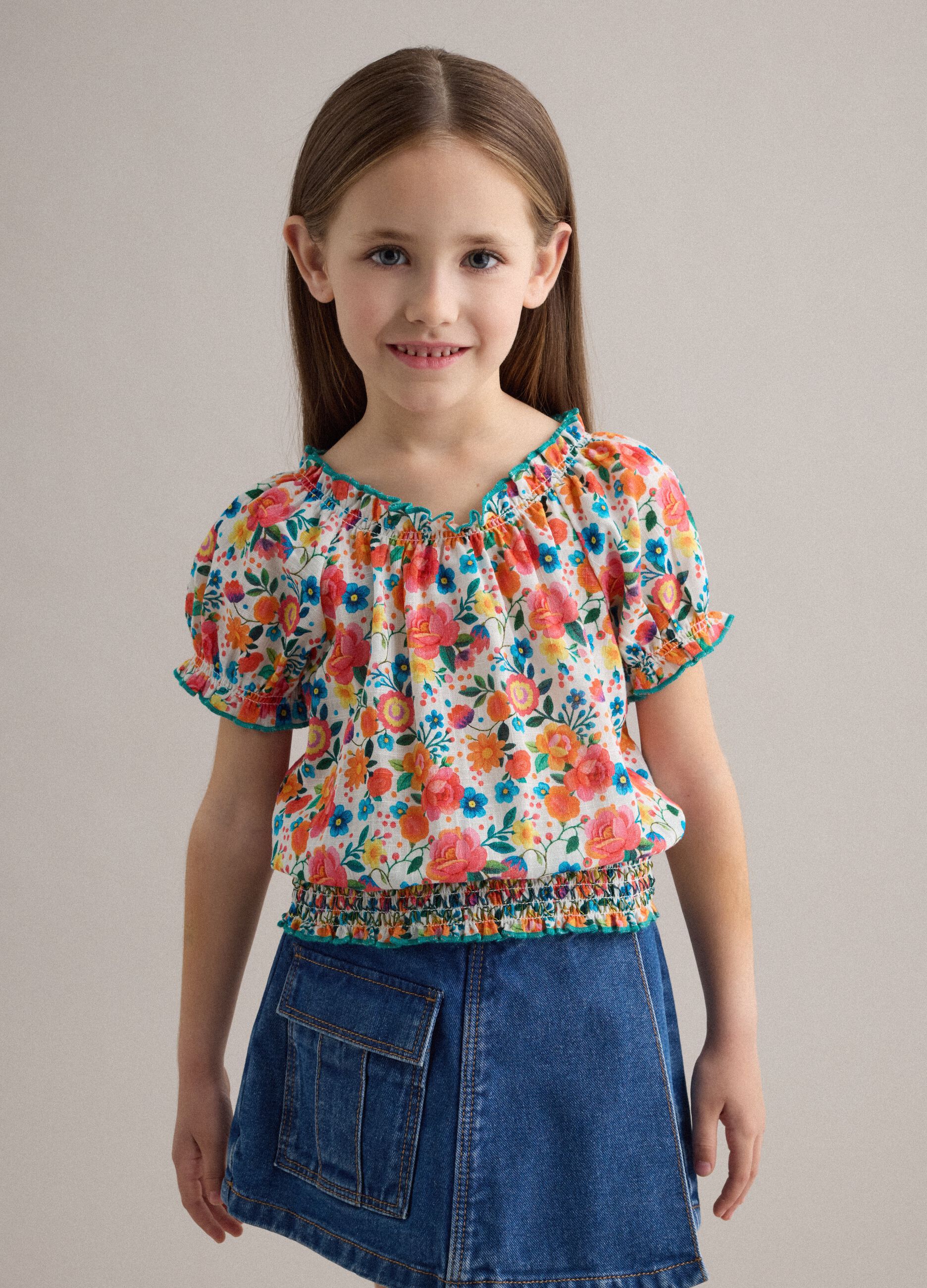 Girls' regular fit multicolour floral pure cotton blouse