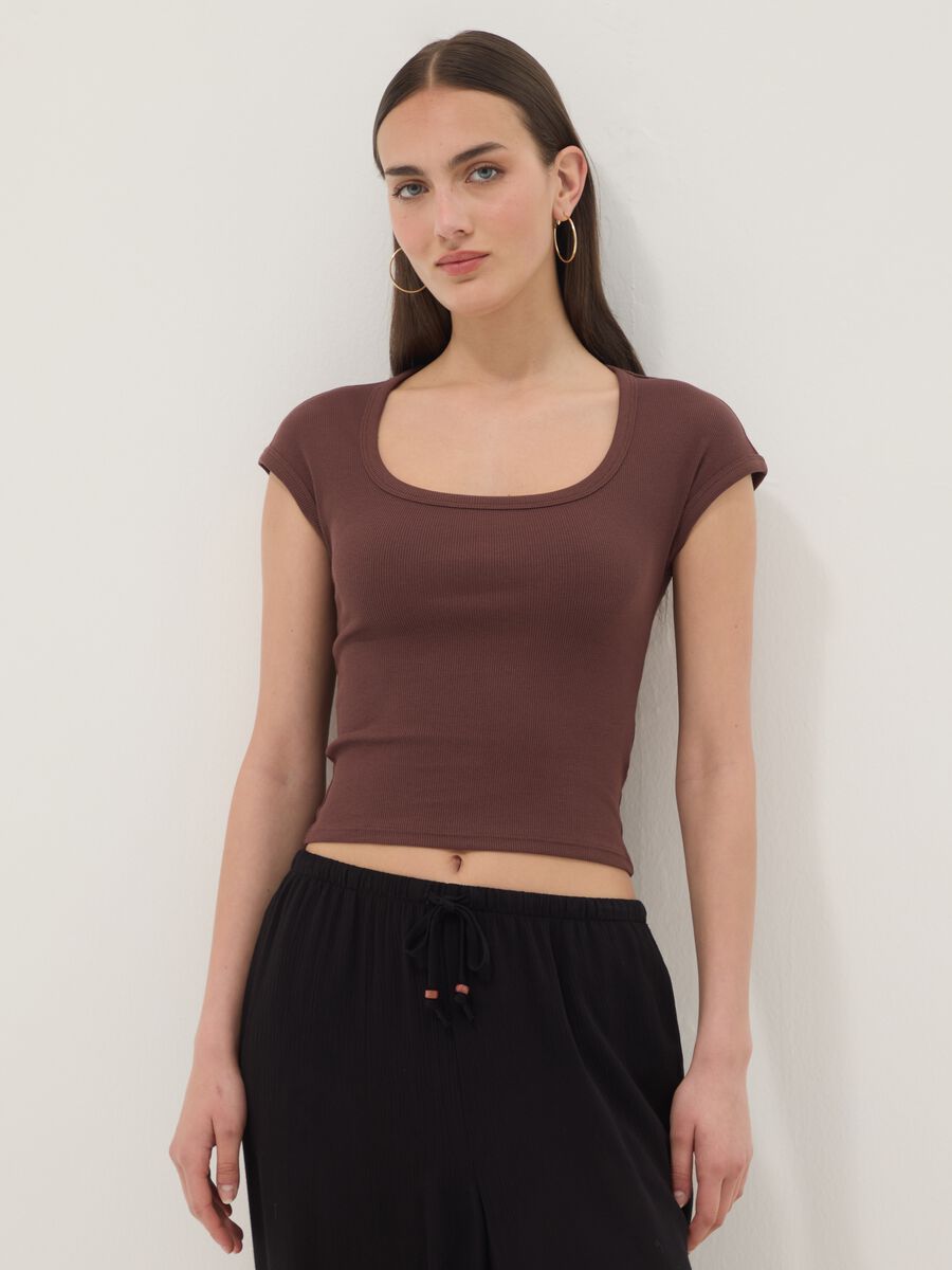 Brown short-sleeve stretch-cotton T-shirt_2