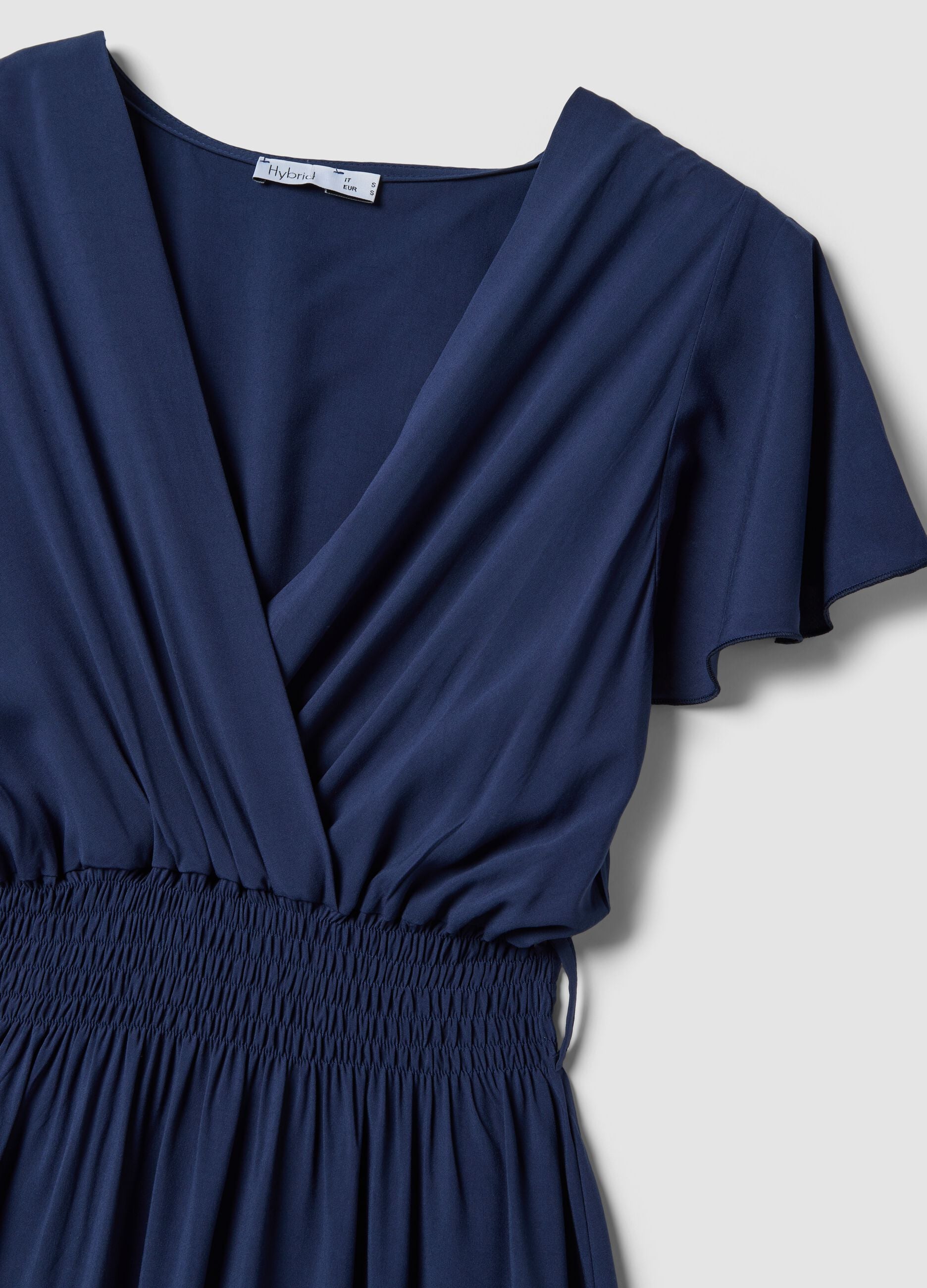 Long blue pure-viscose dress with wrap V-neck, regular fit