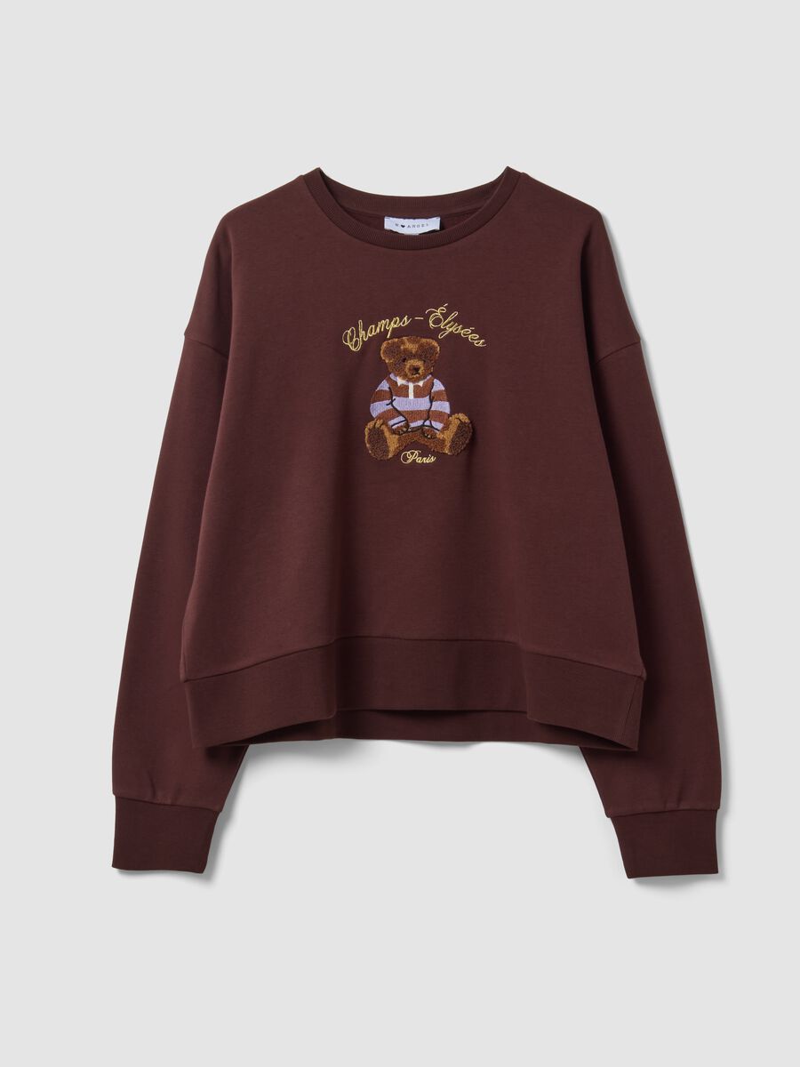 Felpa marrone in misto cotone con girocollo e stampa teddy_4