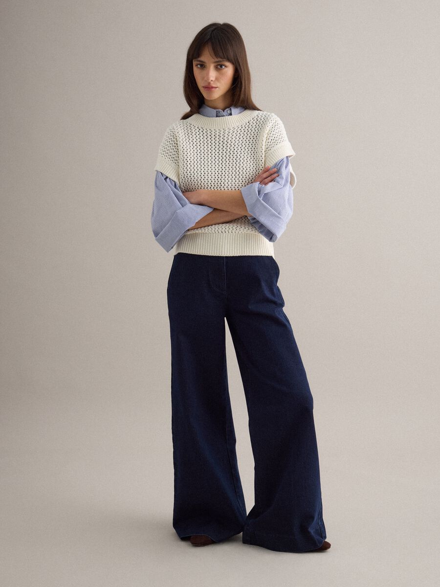 Blue Stretch Denim Wide Leg Trousers_1