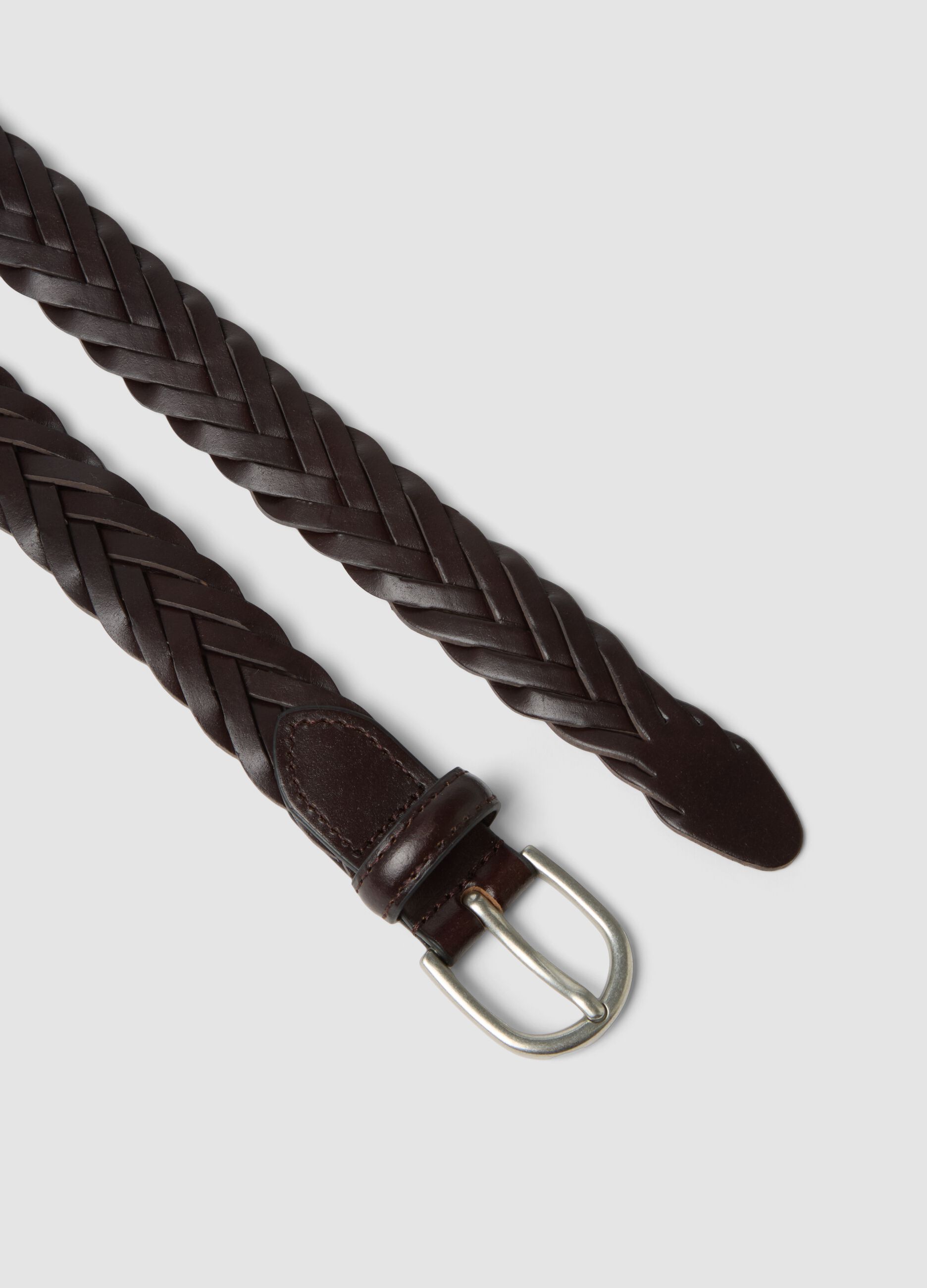 Dark brown braided belt with metal buckle
