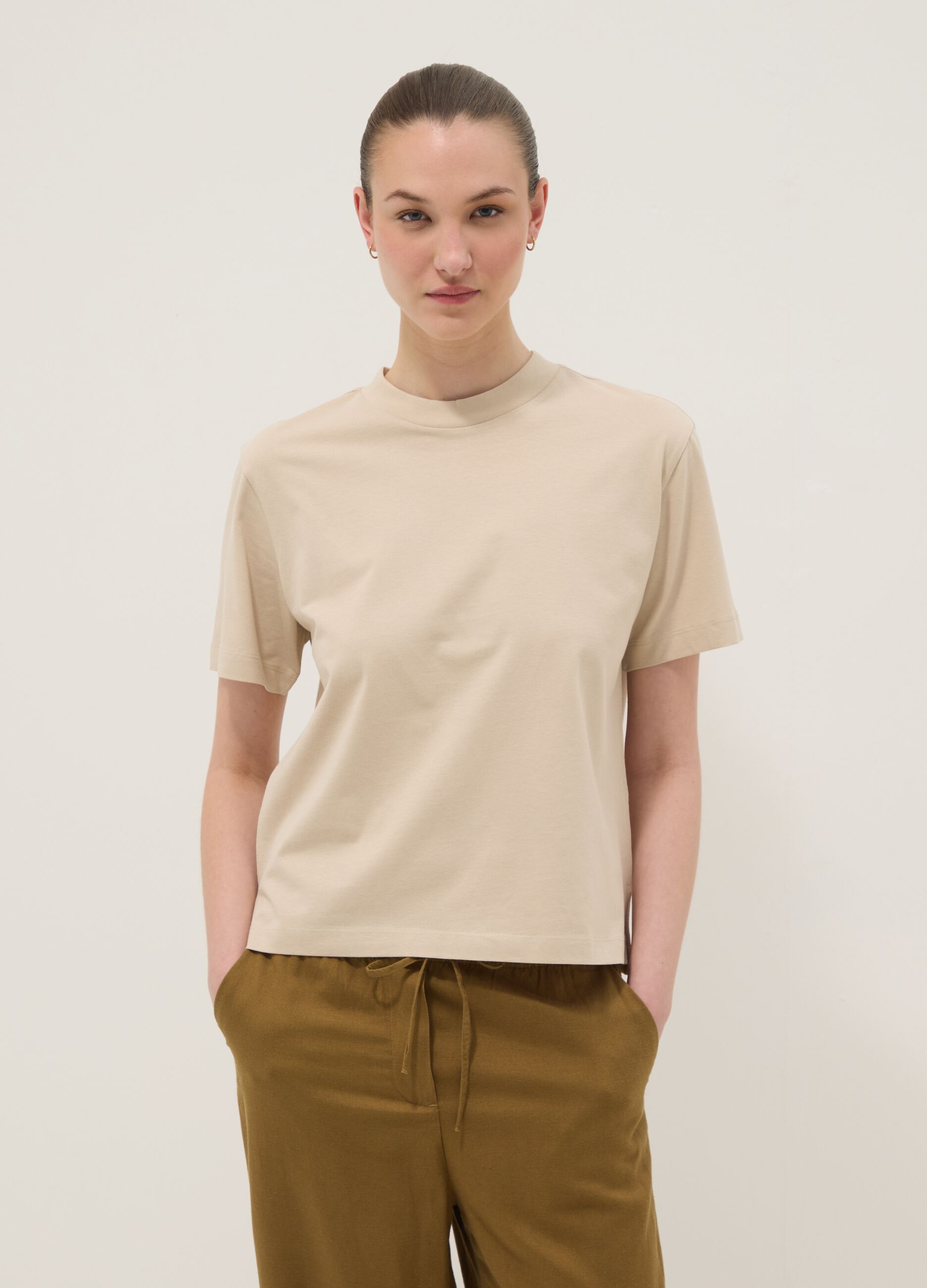 Beige pure cotton regular fit T-shirt