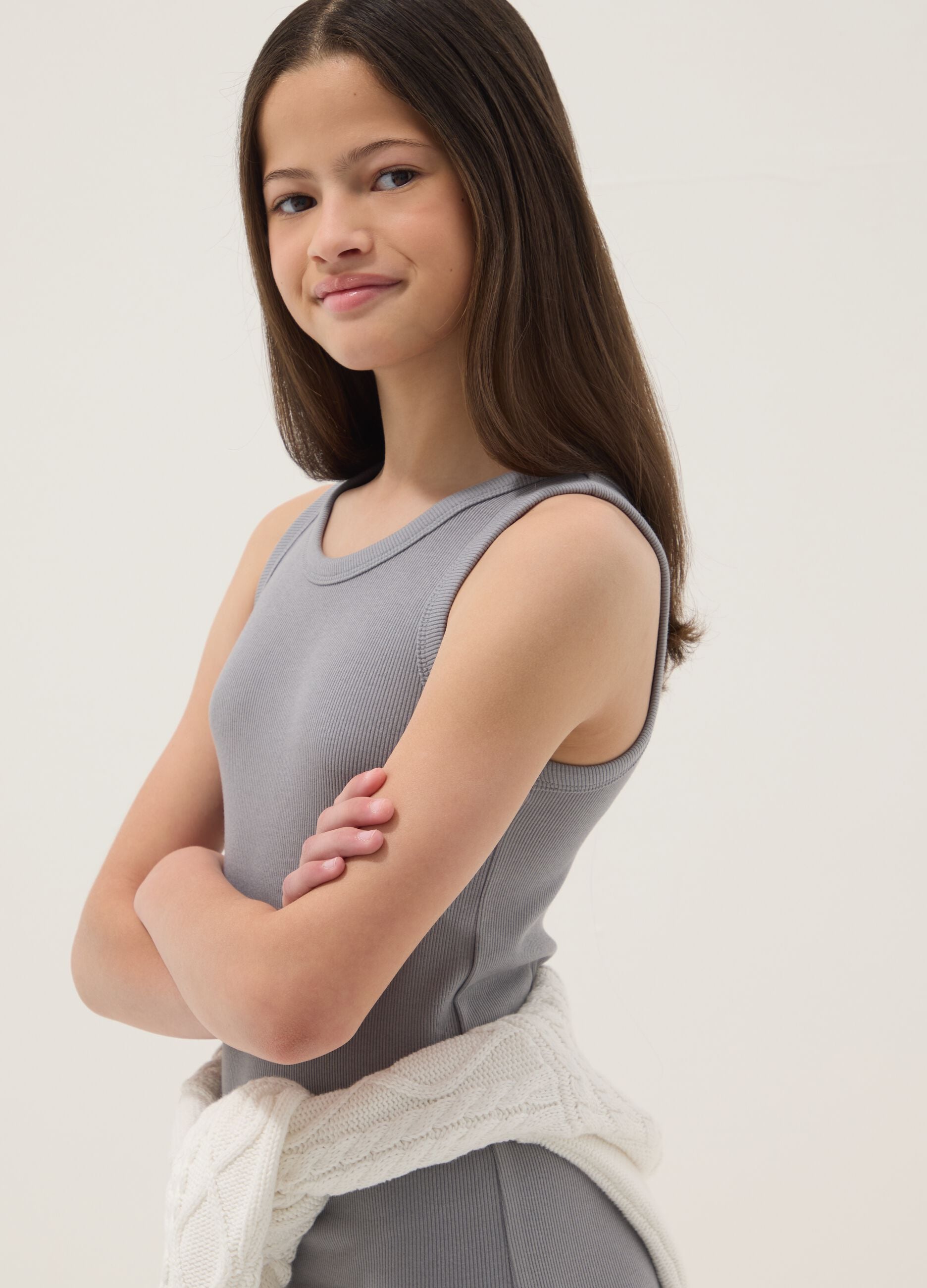 Girls&rsquo; fitted sleeveless dress in grey stretch cotton