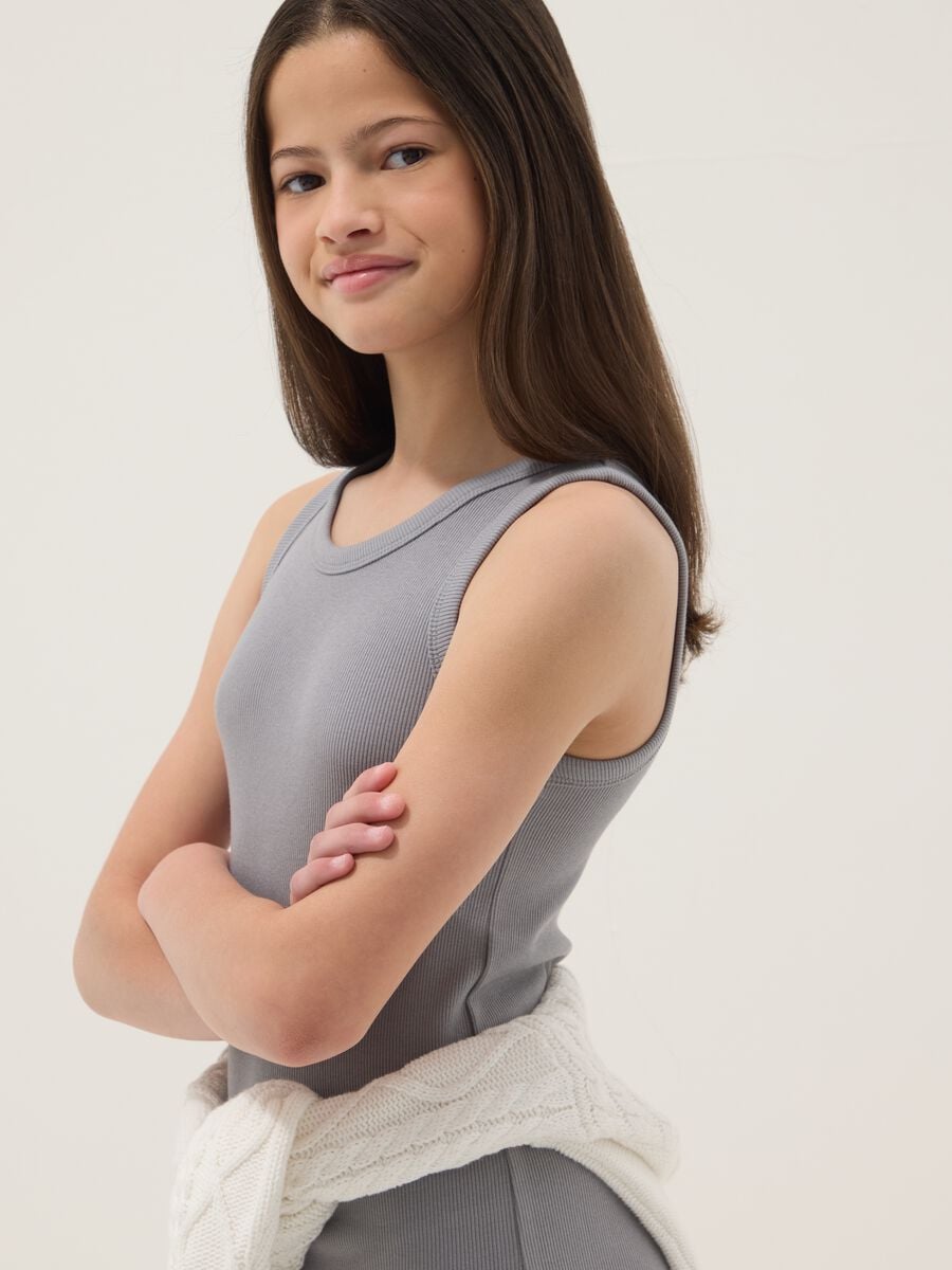 Girls&rsquo; fitted sleeveless dress in grey stretch cotton_2