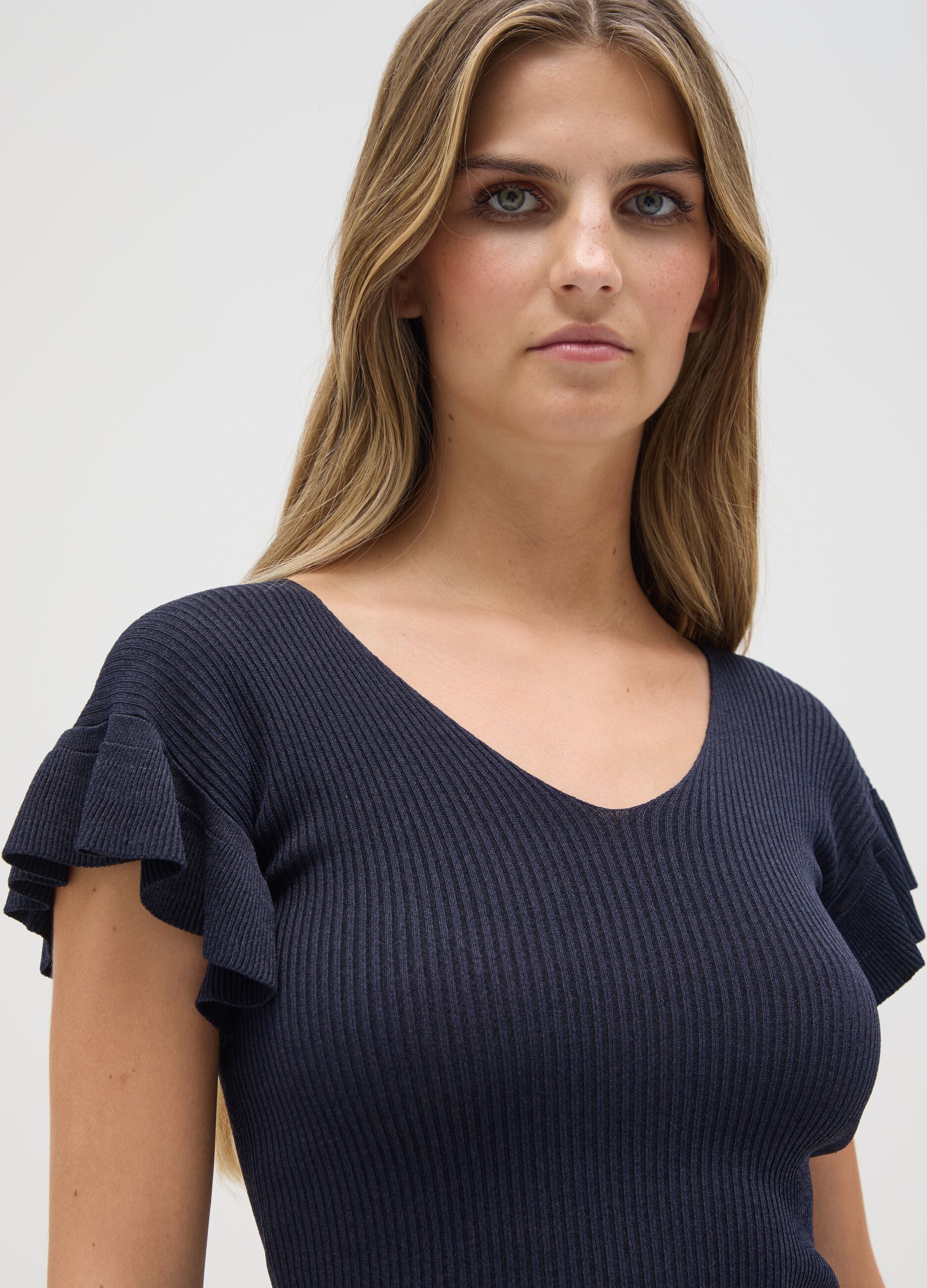 Women's blue viscose T-shirt, regular fit with frills