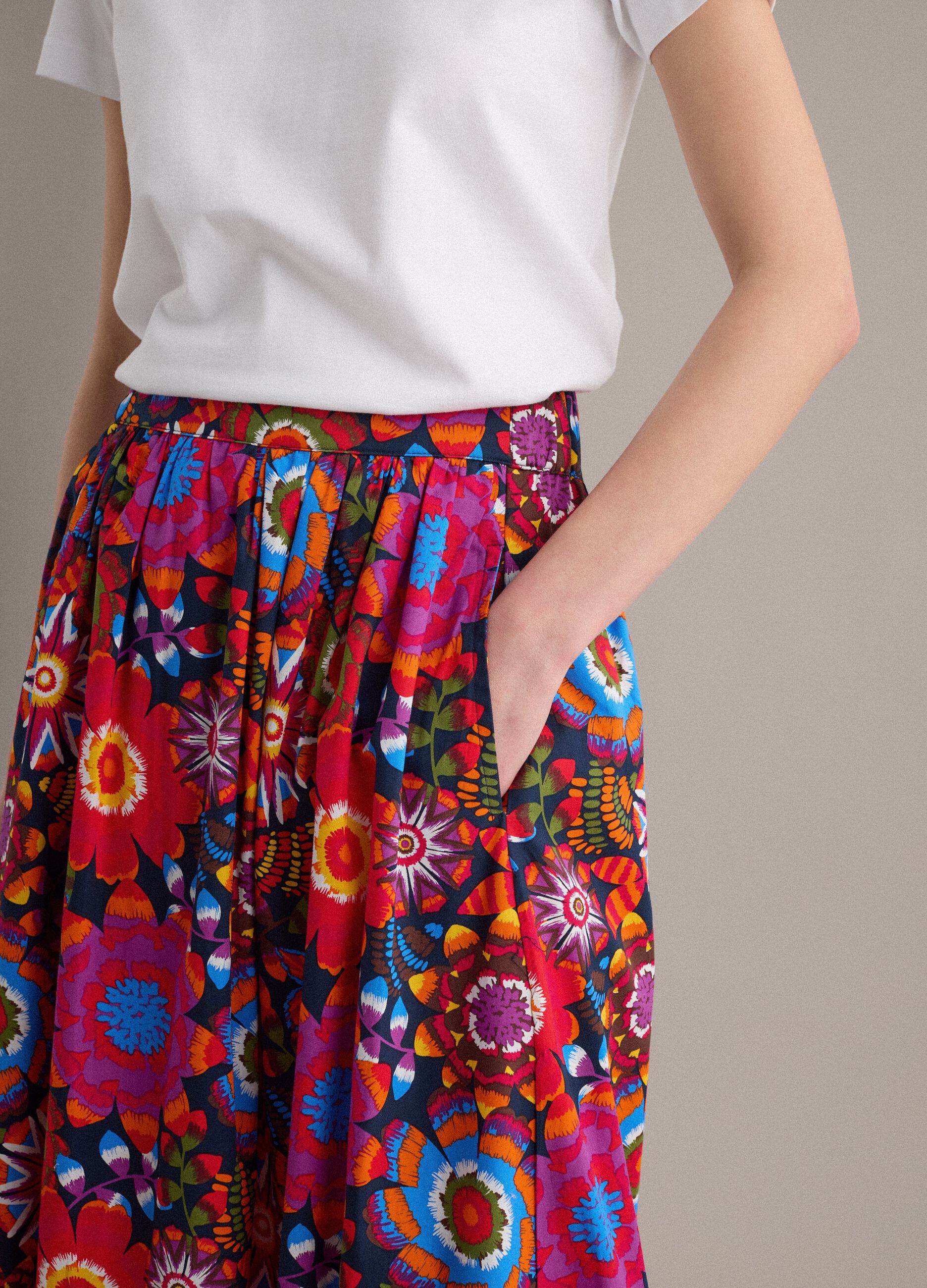 Multicolour midi skirt in pure cotton with elasticated waist