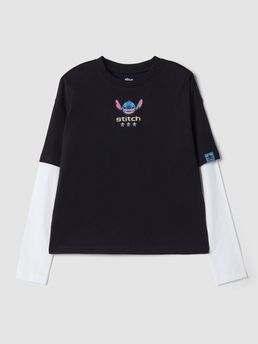 T-shirt nera in puro cotone con collo a costine e stampa Stitch_3