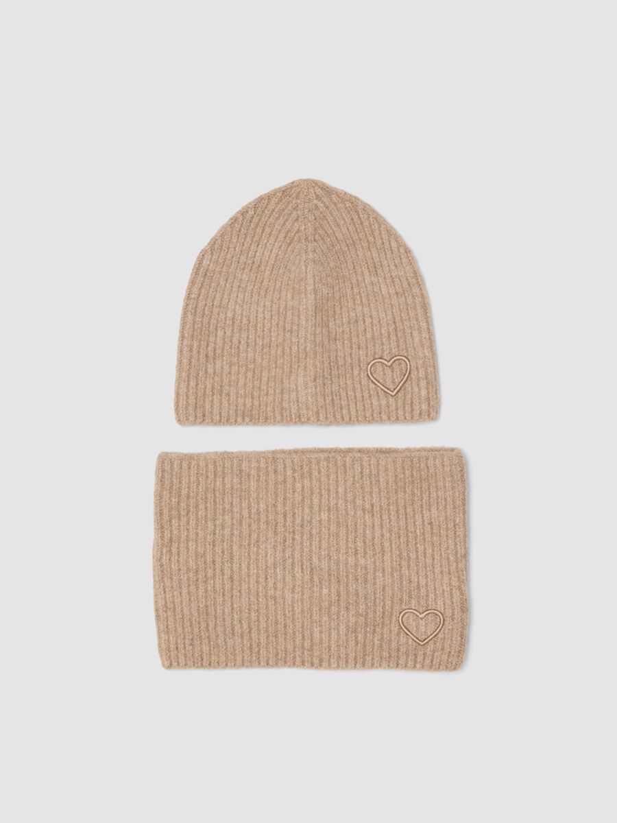 Beige stretch wool hat and neck warmer set_0
