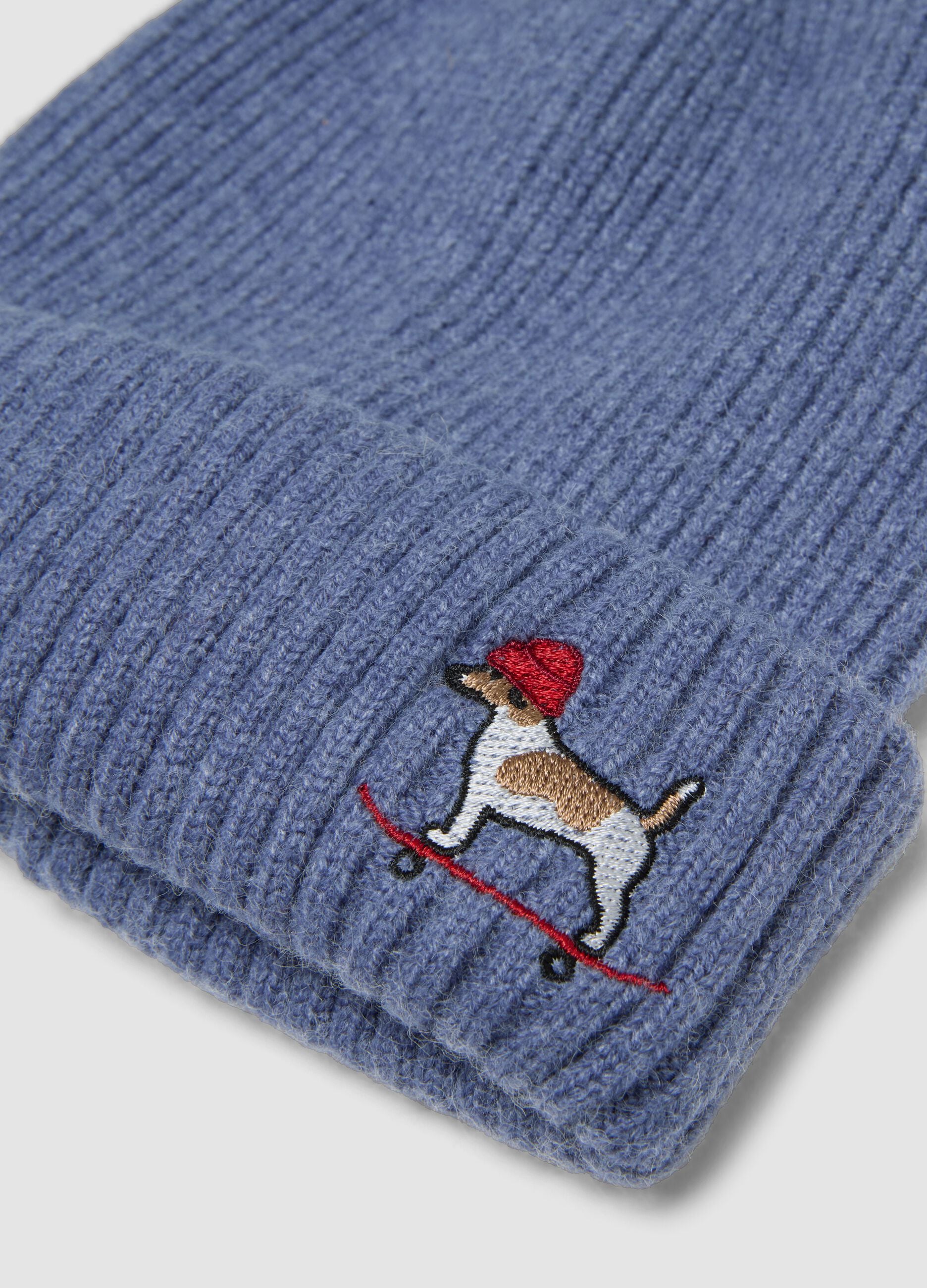 Blue ribbed knit beanie with turn-up cuff