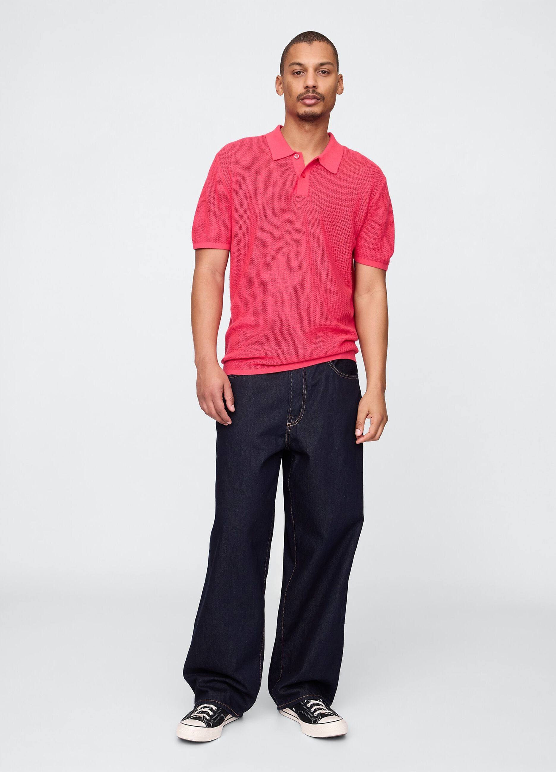 Pink Short Sleeve Polo in Textured Fabric