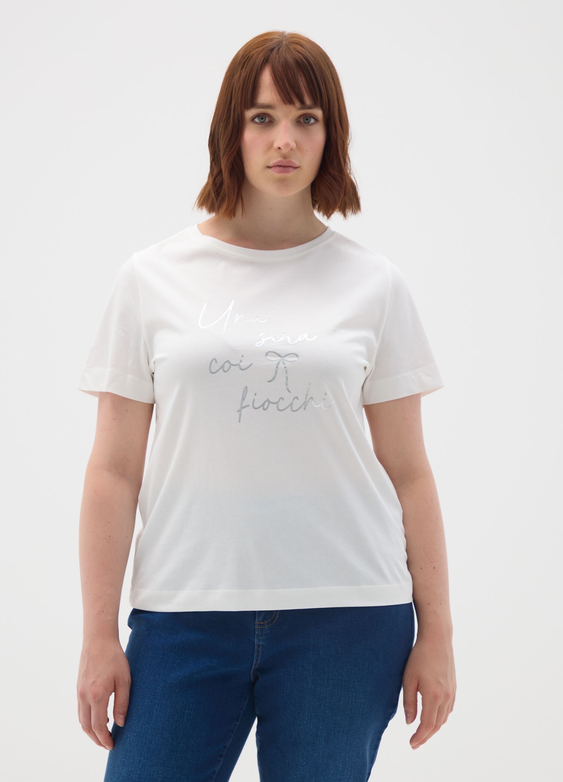 White pure cotton T-shirt regular fit with embroidered text