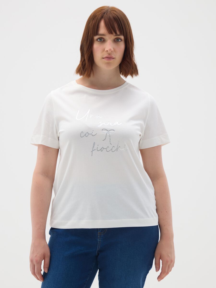 White pure cotton T-shirt regular fit with embroidered text_0
