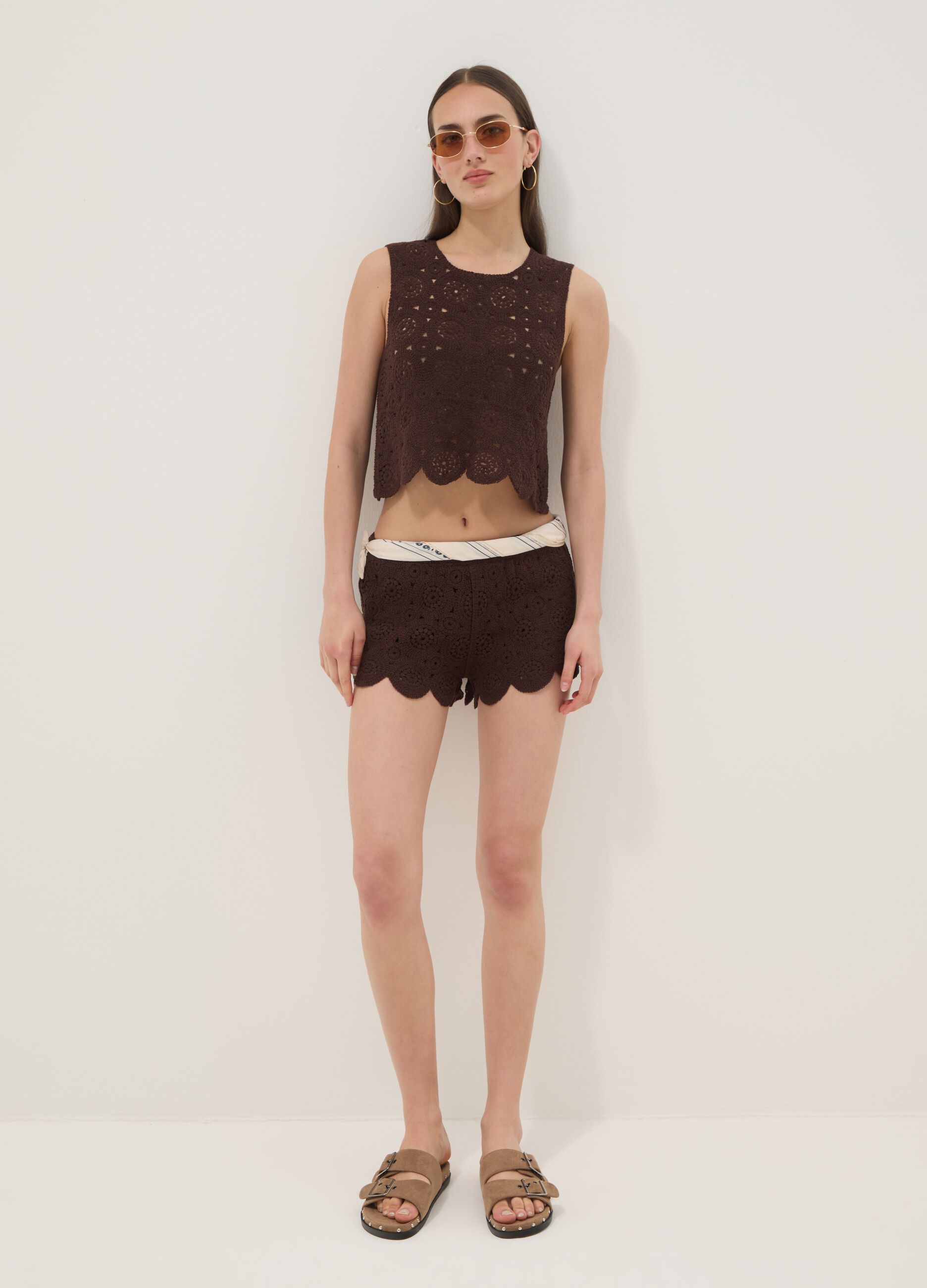 Brown cotton-blend crochet tank top, regular fit