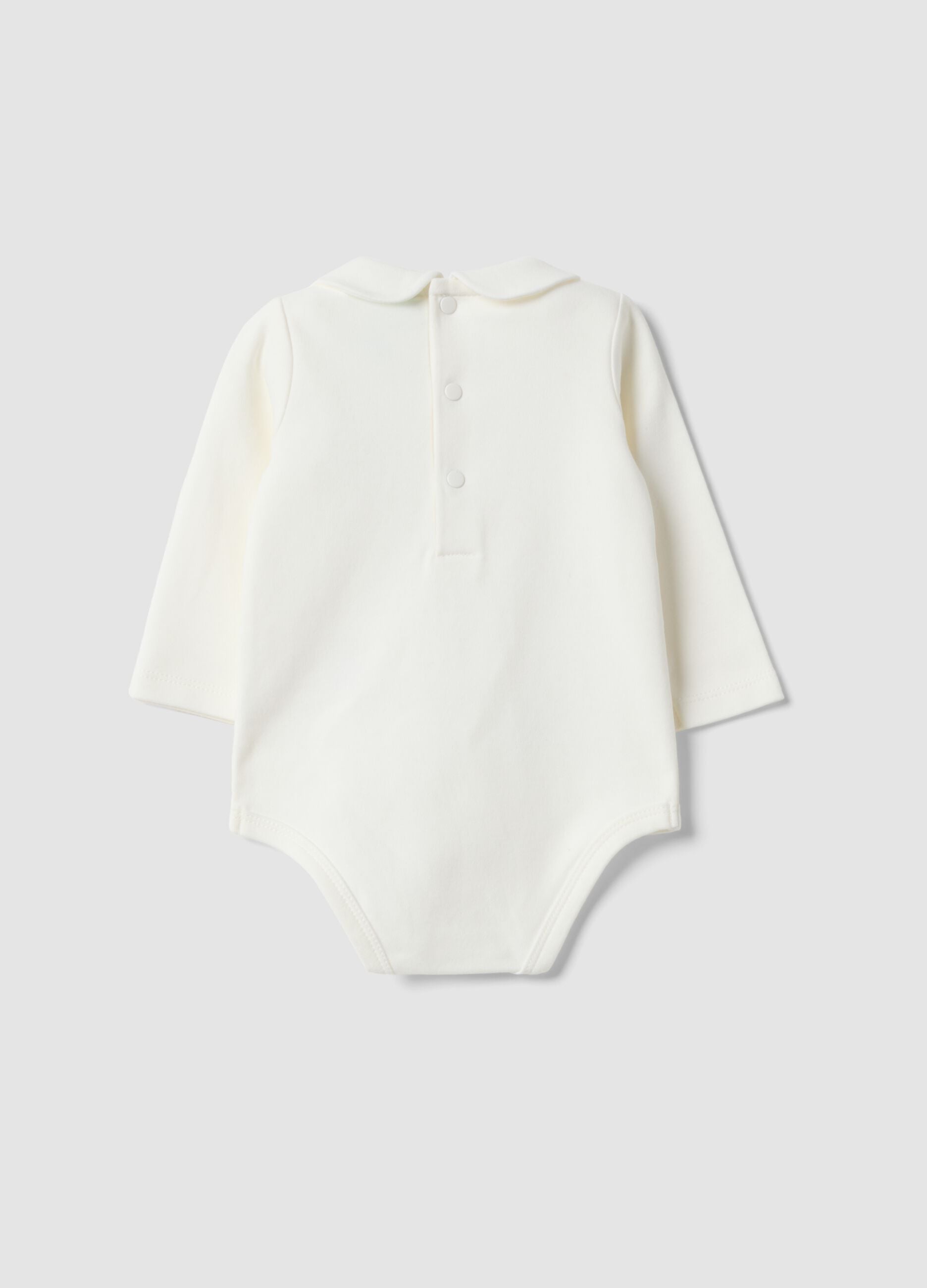 White organic cotton baby bodysuit with collar and Winnie the Pooh print