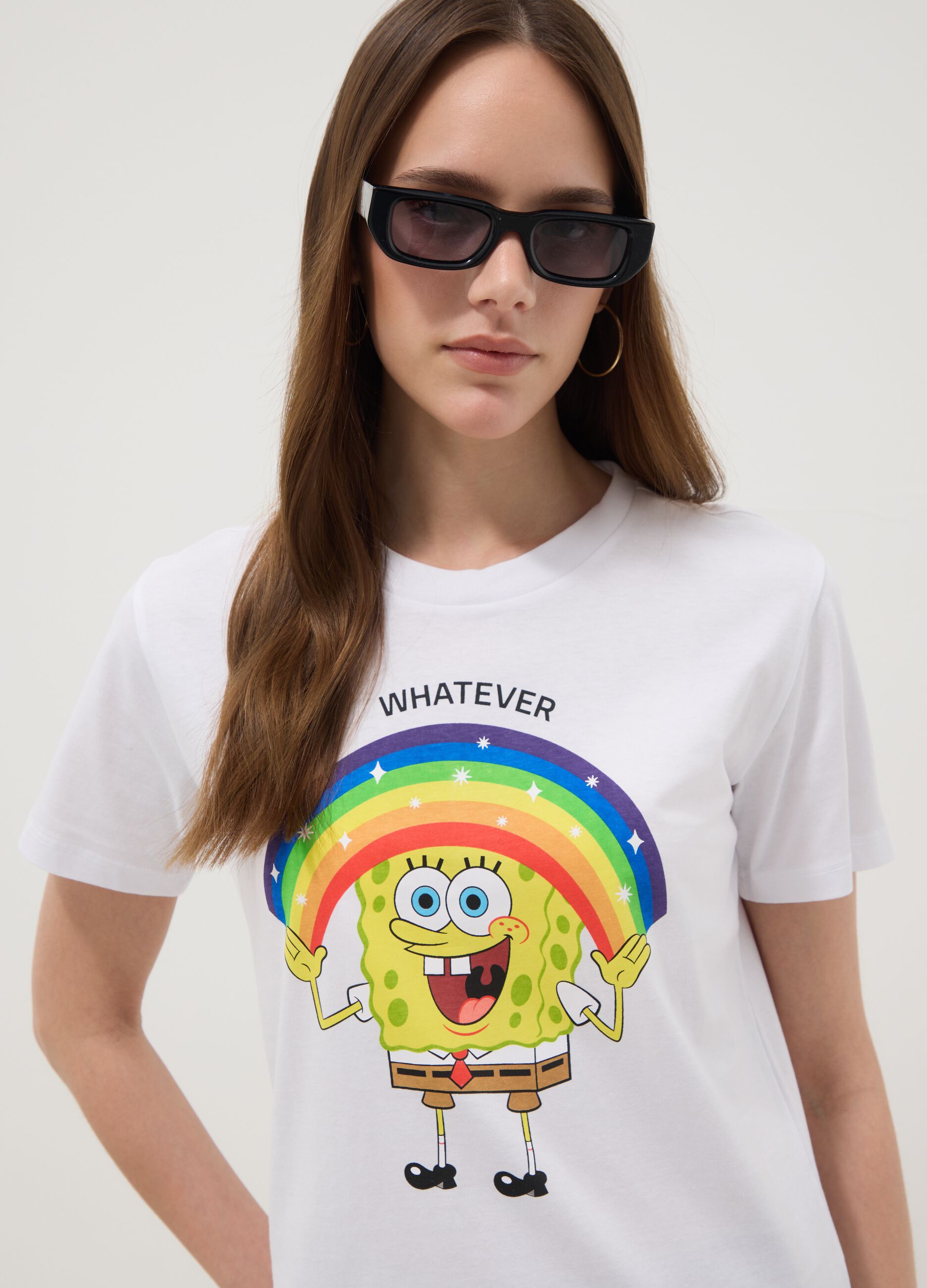 White pure cotton regular fit T-shirt with SpongeBob print