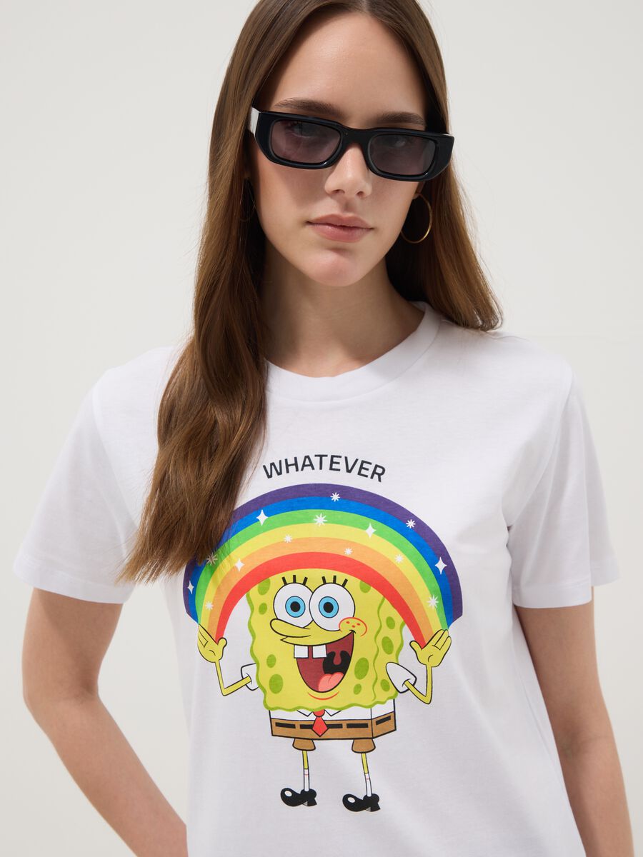 White pure cotton regular fit T-shirt with SpongeBob print_0
