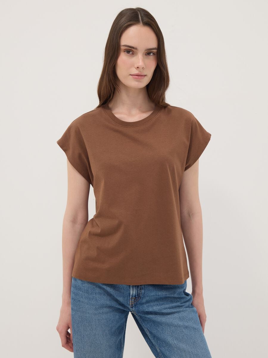 Brown pure cotton short-sleeve regular fit T-shirt_0