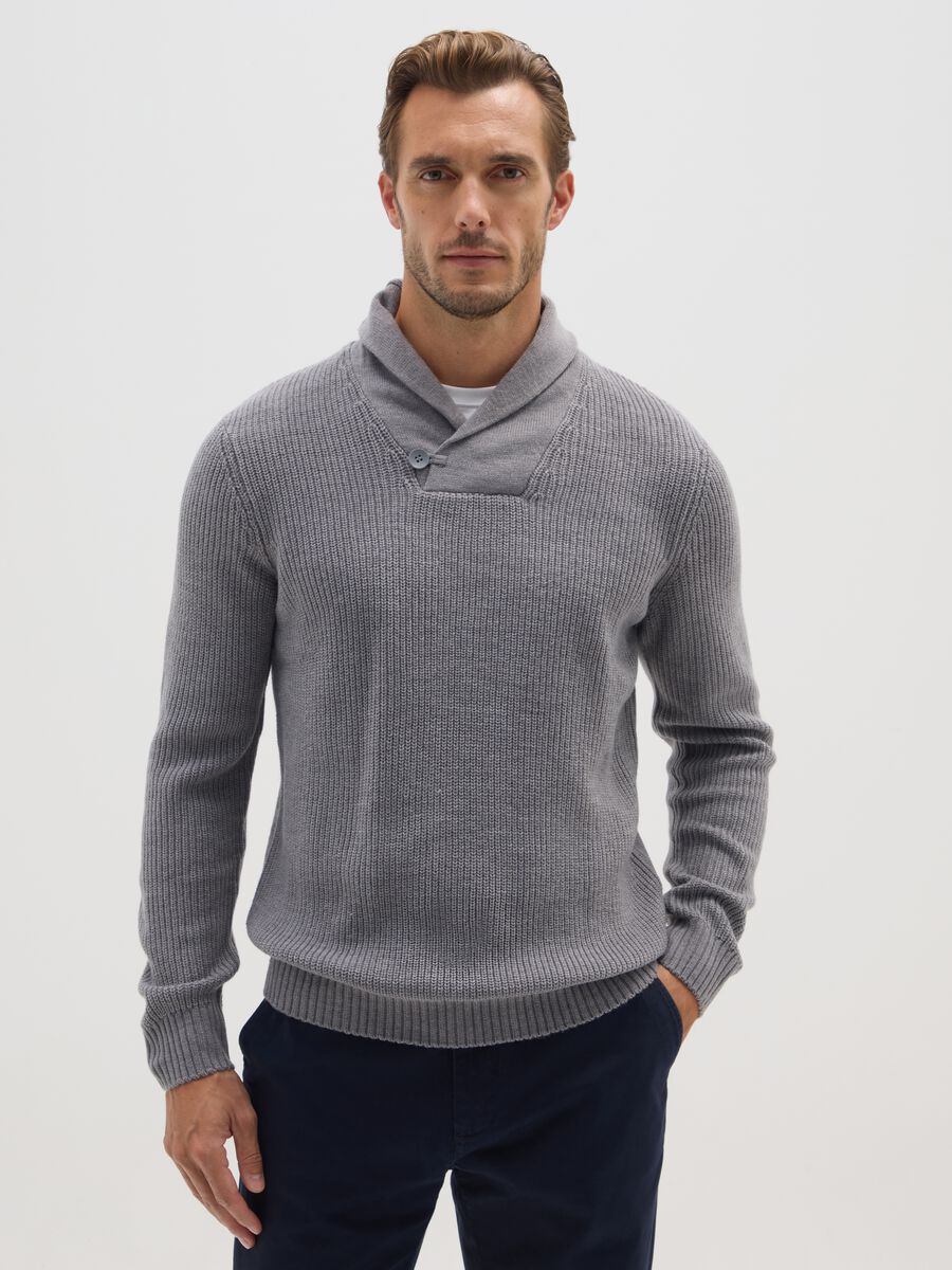 Grey Shawl Collar Regular Fit Sweater_0