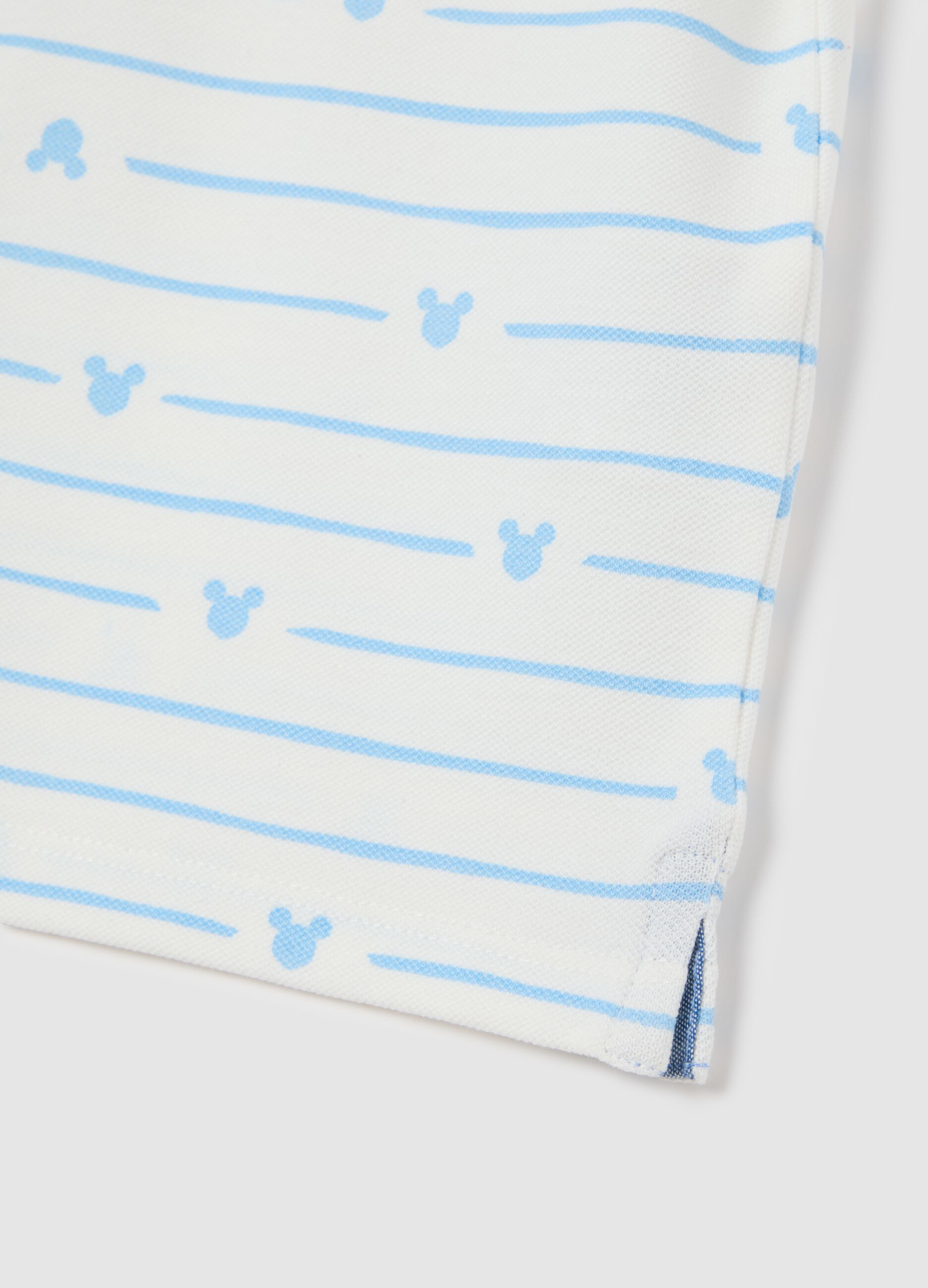 White and Light Blue Striped Polo Shirt with Mickey Mouse