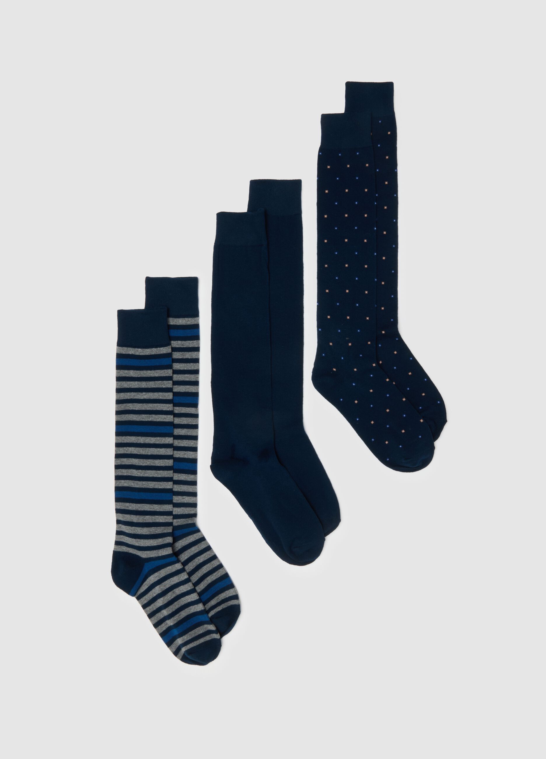 Blue stretch cotton long socks tripack
