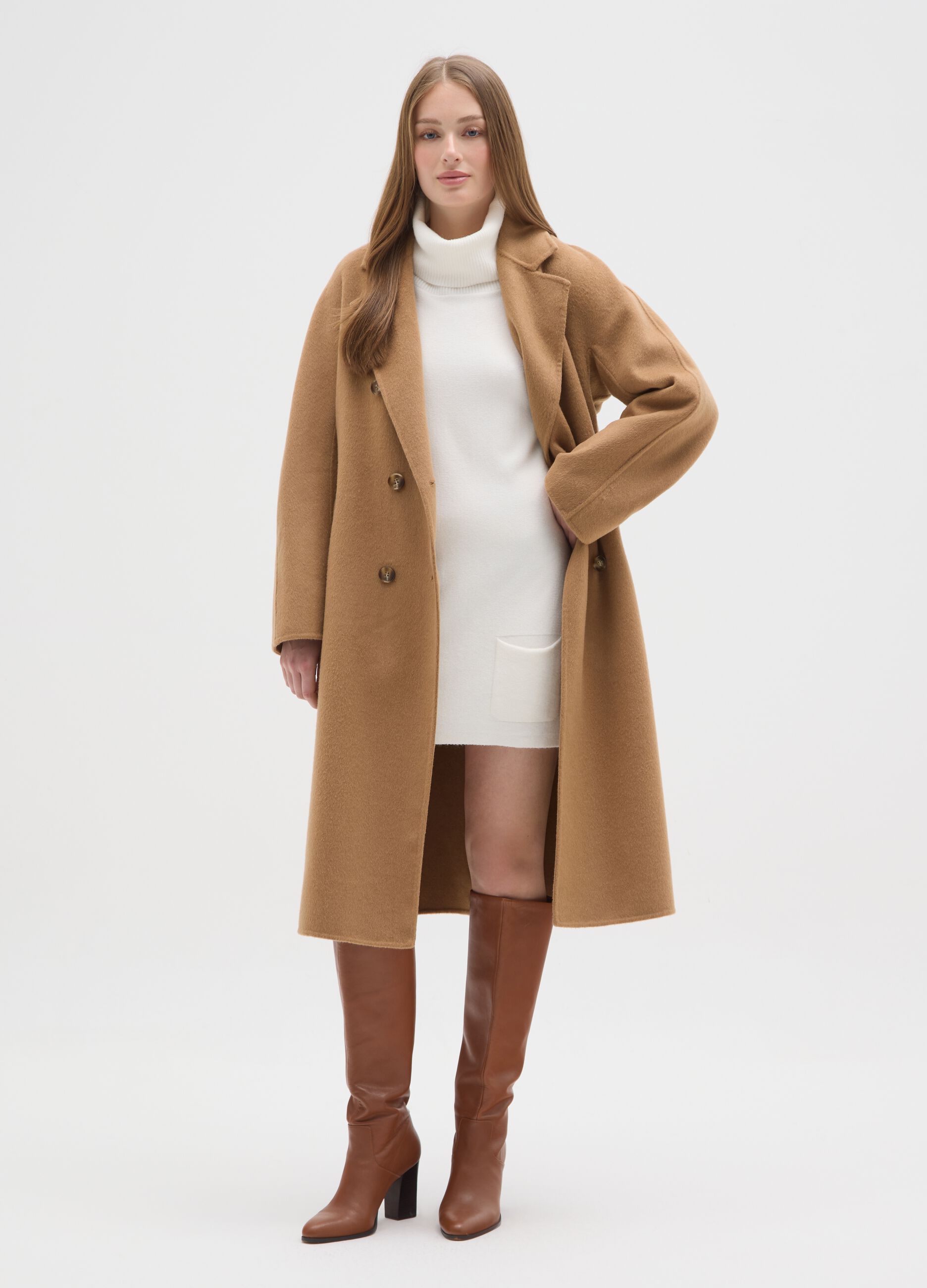 Brown double-breasted wool blend coat regular fit with belt