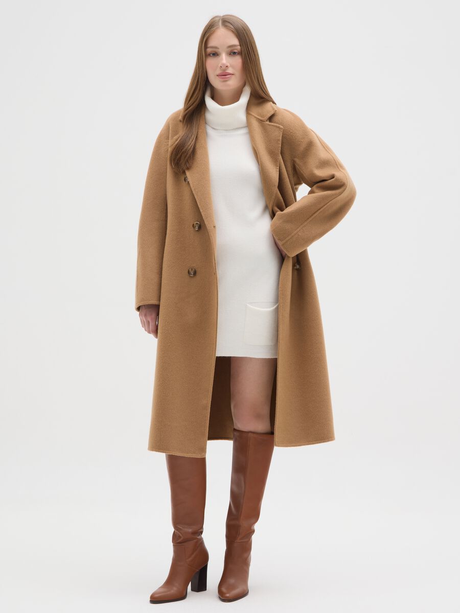 Cappotto doppiopetto marrone in misto lana regular fit con cintura_1