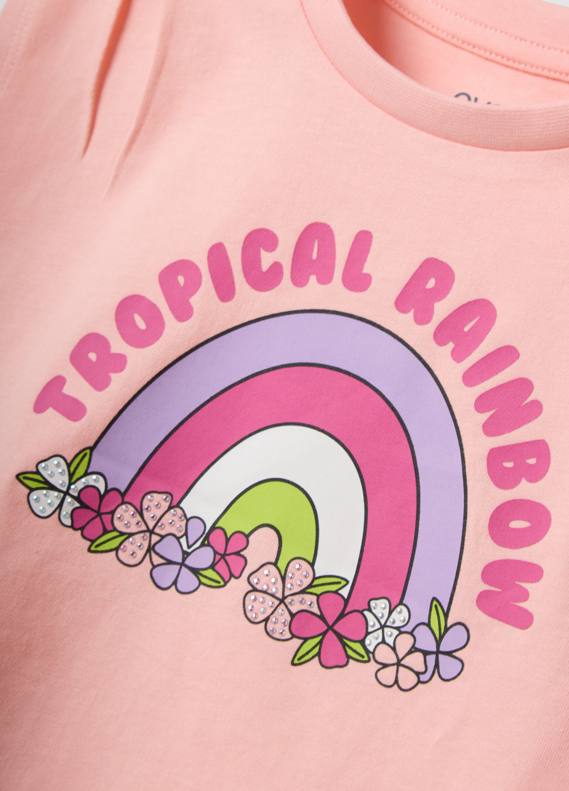 Pink pure cotton vest top with rainbow print