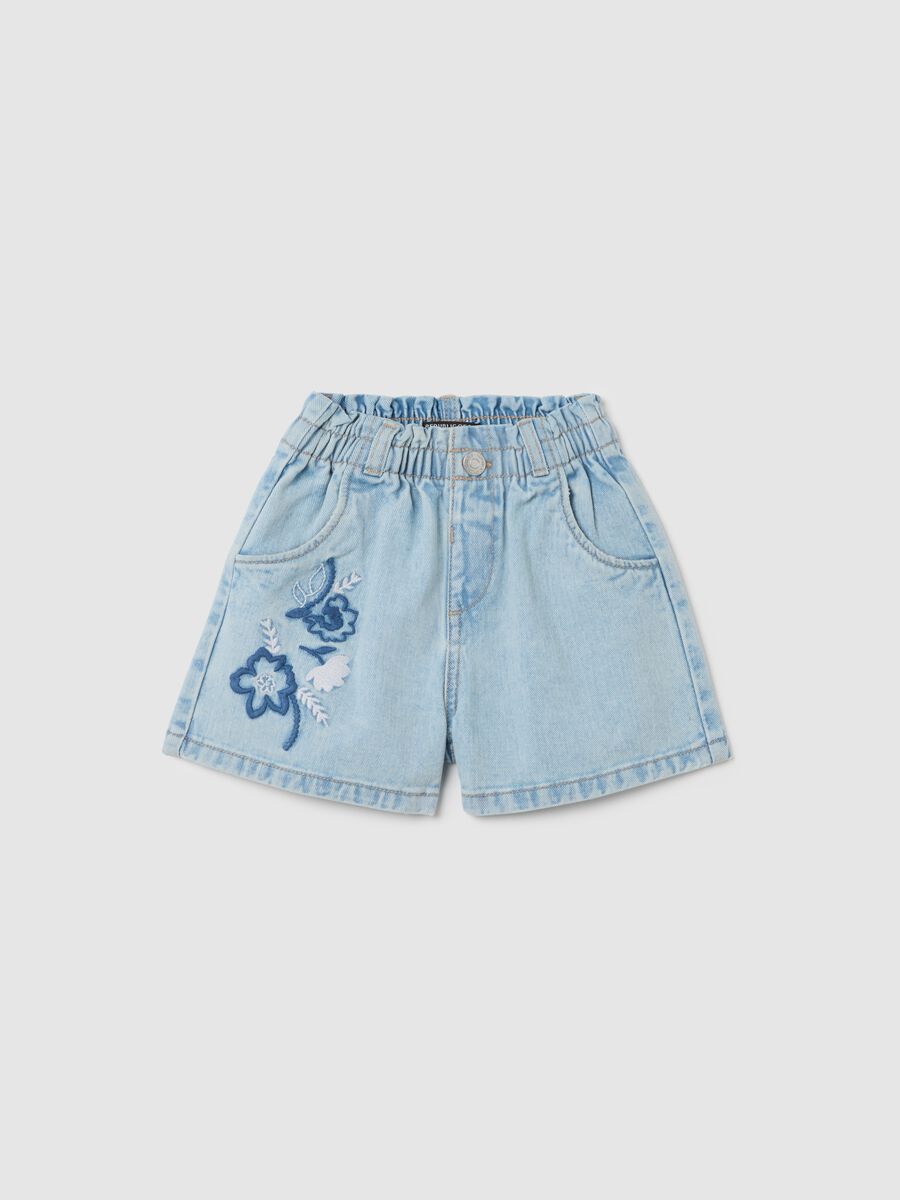 Cotton Floral Embroidered Denim Shorts_0