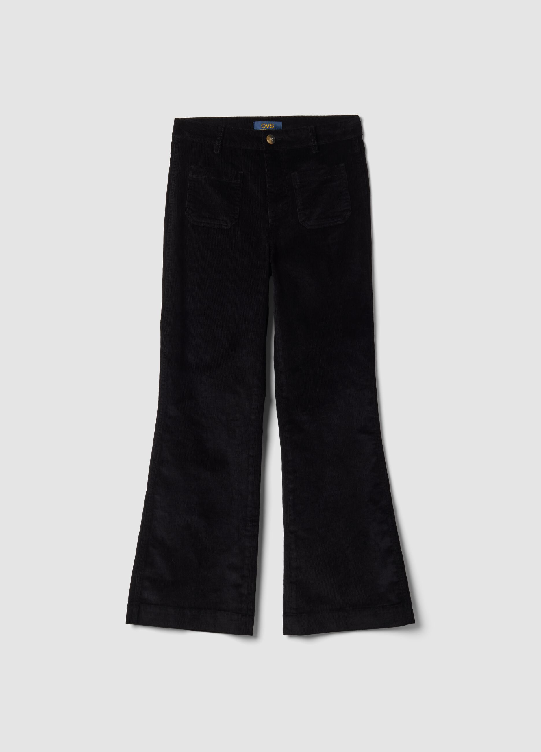 Black ribbed stretch cotton and modal flare trousers