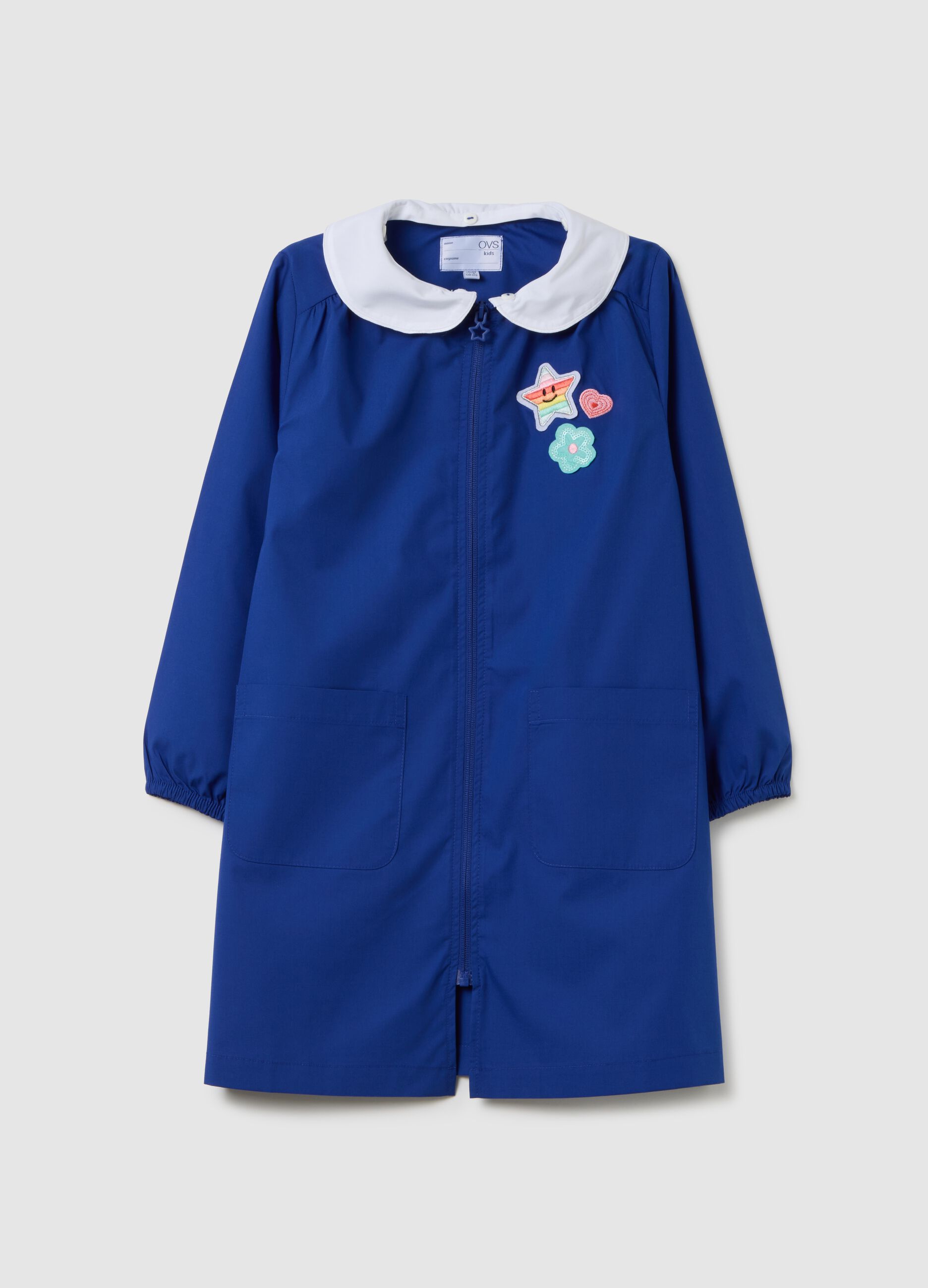 Grembiule scolastico da bambina in misto cotone blu con patch