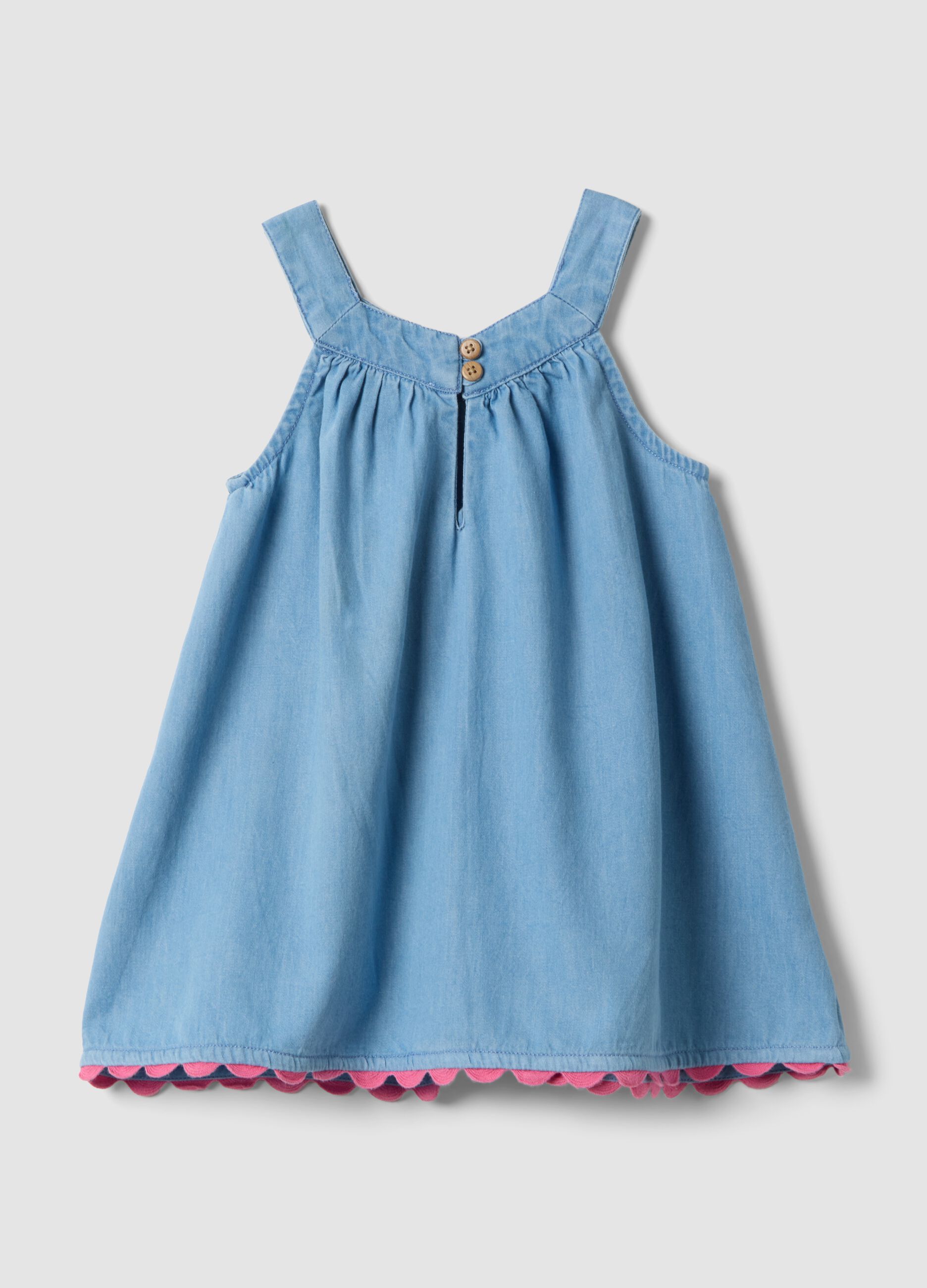Sky-blue pure cotton dress with floral embroidery