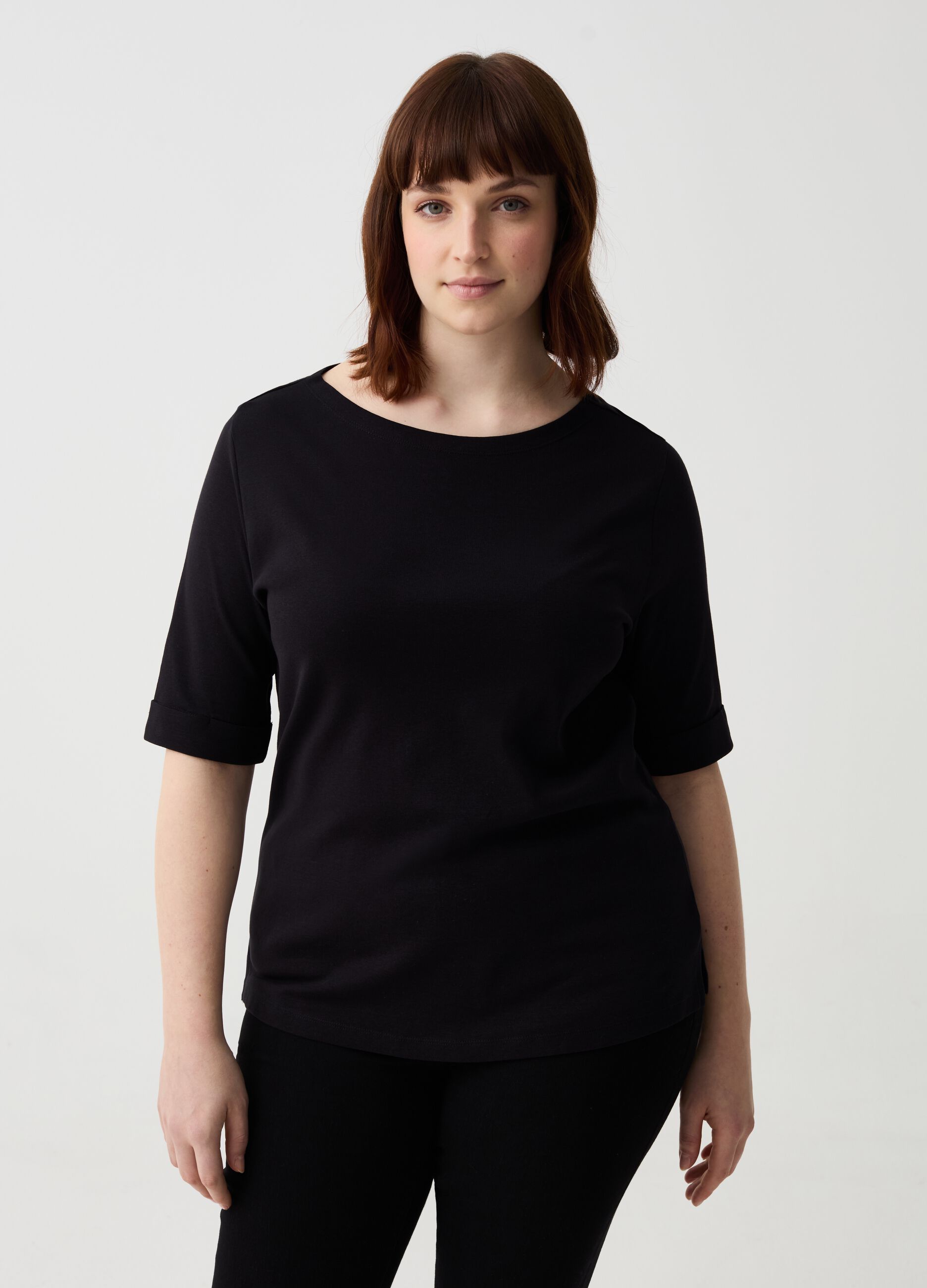 Curvy T-shirt with elbow-length sleeves with turn ups