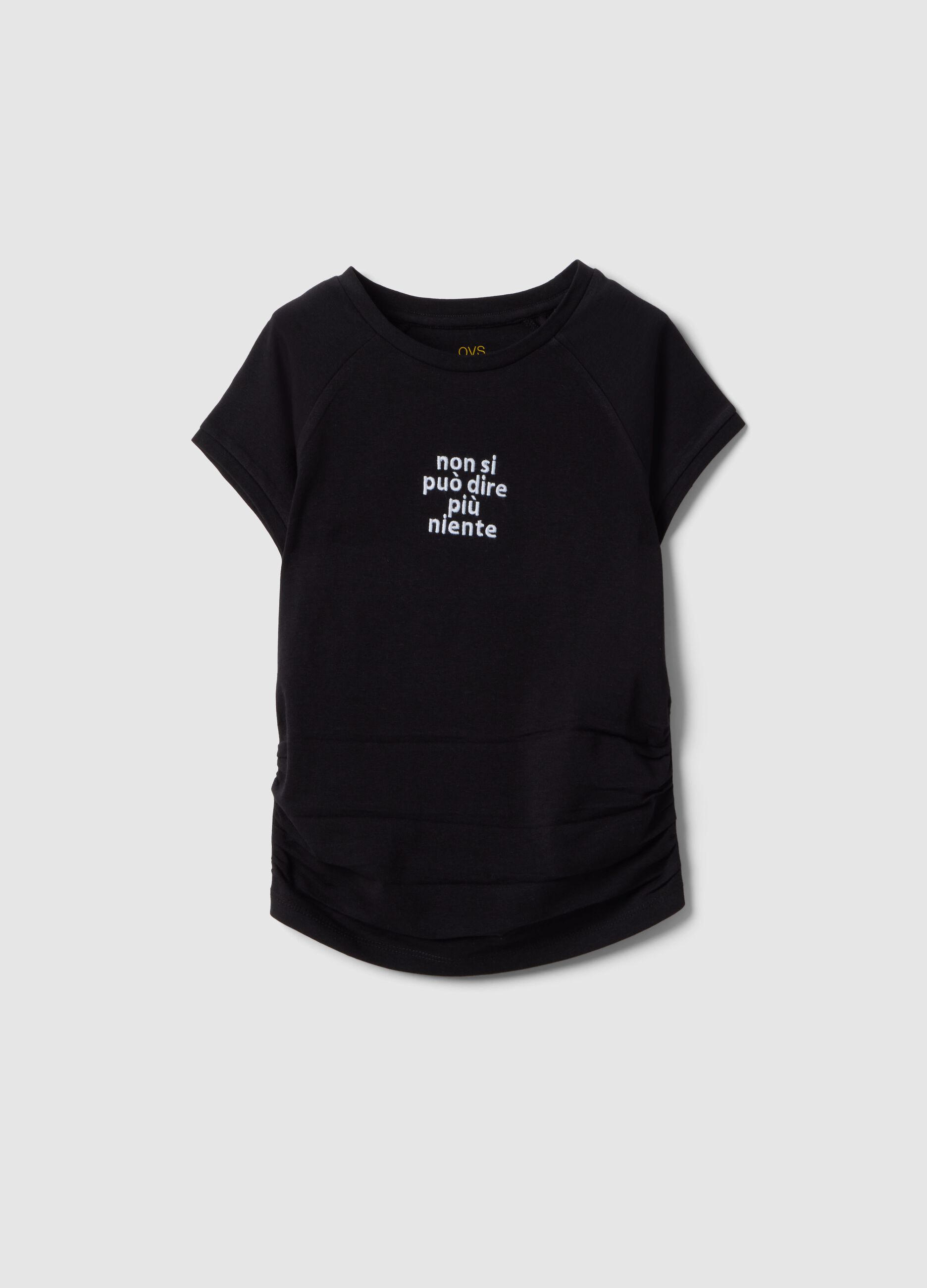 Girls' black stretch cotton slim fit t-shirt with slogan